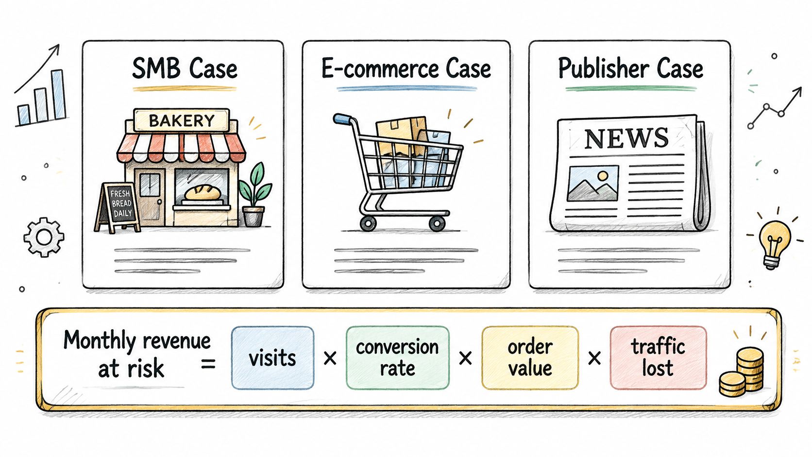 A diagram illustrating monthly revenue at risk calculations for SMB, e-commerce, and publisher business models.