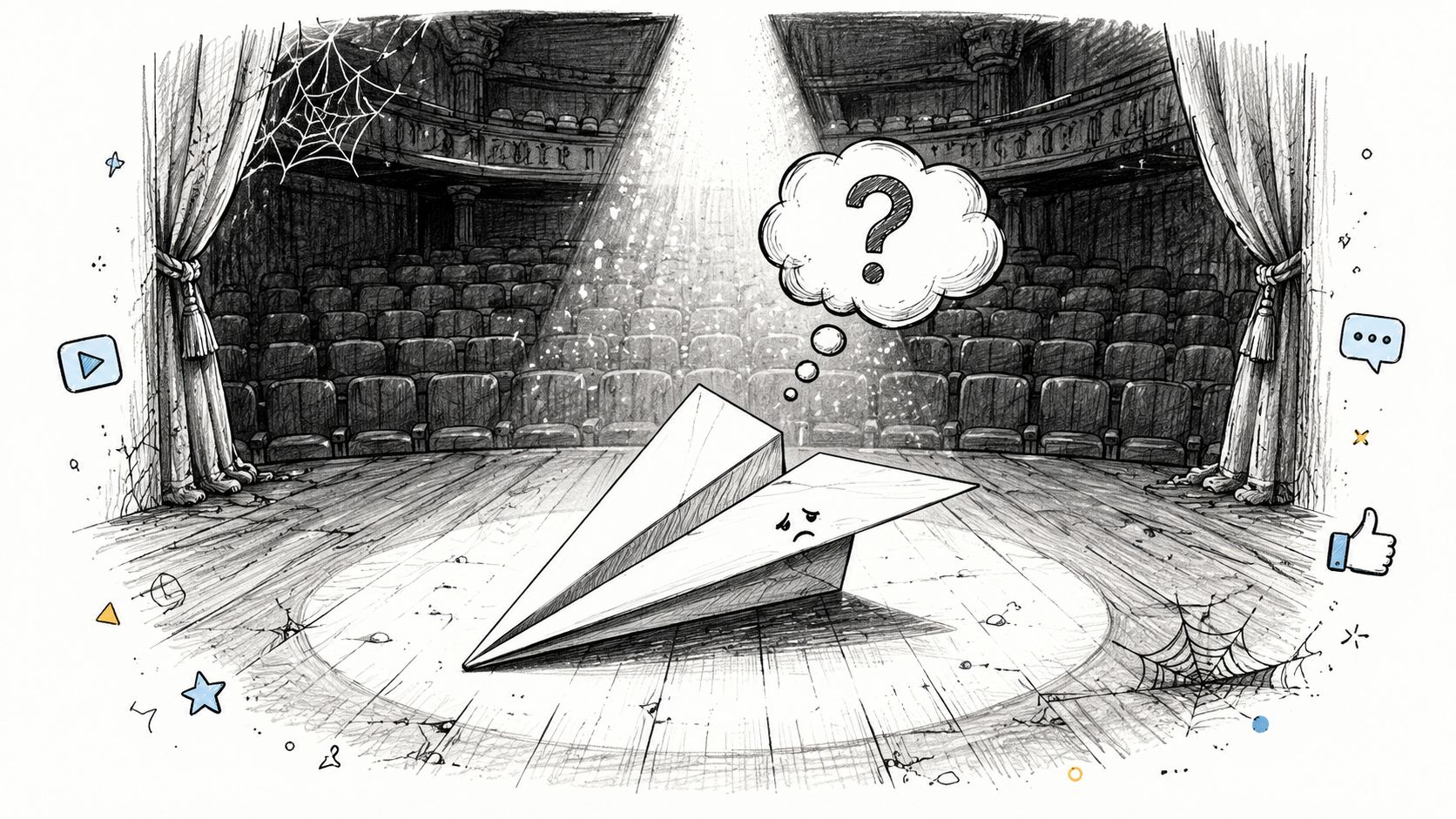 A lonely paper airplane sits on a dark, empty theater stage with a question mark thought bubble.