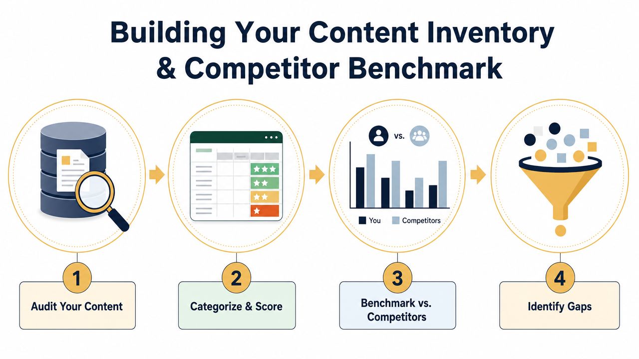 A four-step infographic illustrating the process of building a content inventory and conducting competitor benchmark analysis.