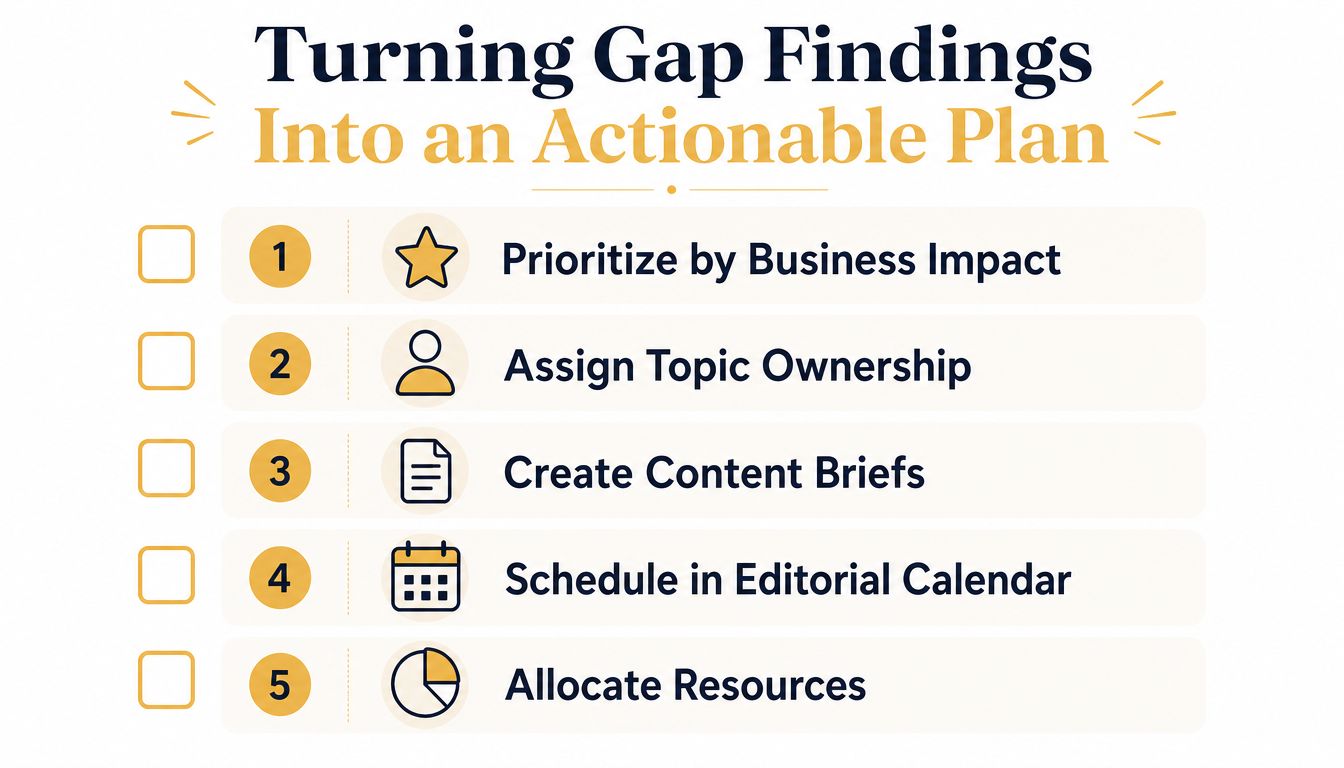 A five-step checklist for turning content gap analysis findings into an actionable marketing strategy plan.