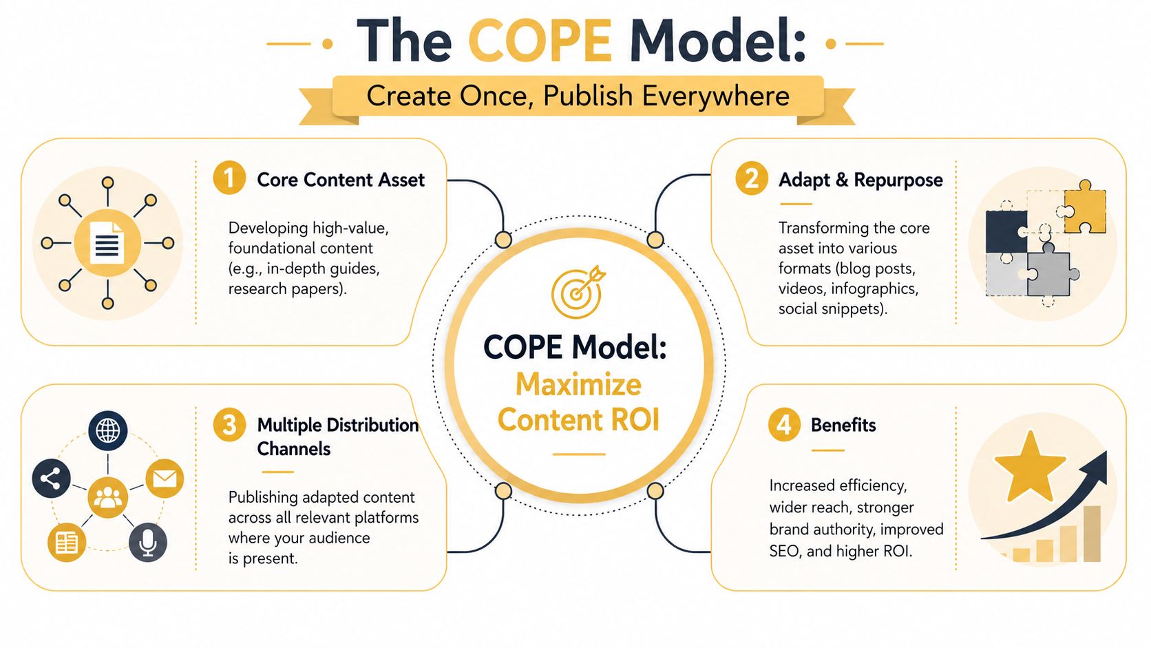 A flow chart illustrating the COPE model for content marketing, emphasizing creating once and publishing everywhere.