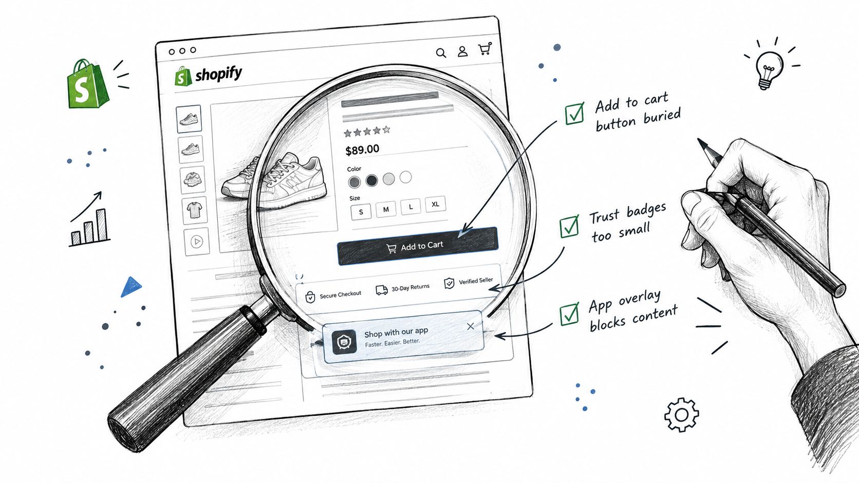 A pencil points to a Shopify webpage under a magnifying glass, highlighting common conversion rate optimization issues.