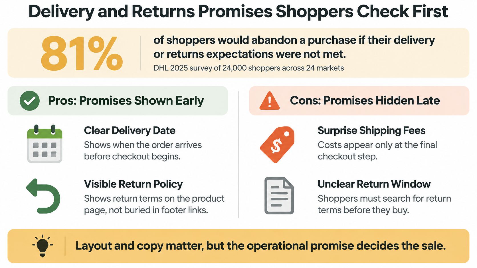 An infographic showing that 81% of shoppers abandon purchases if delivery or return expectations are unmet.