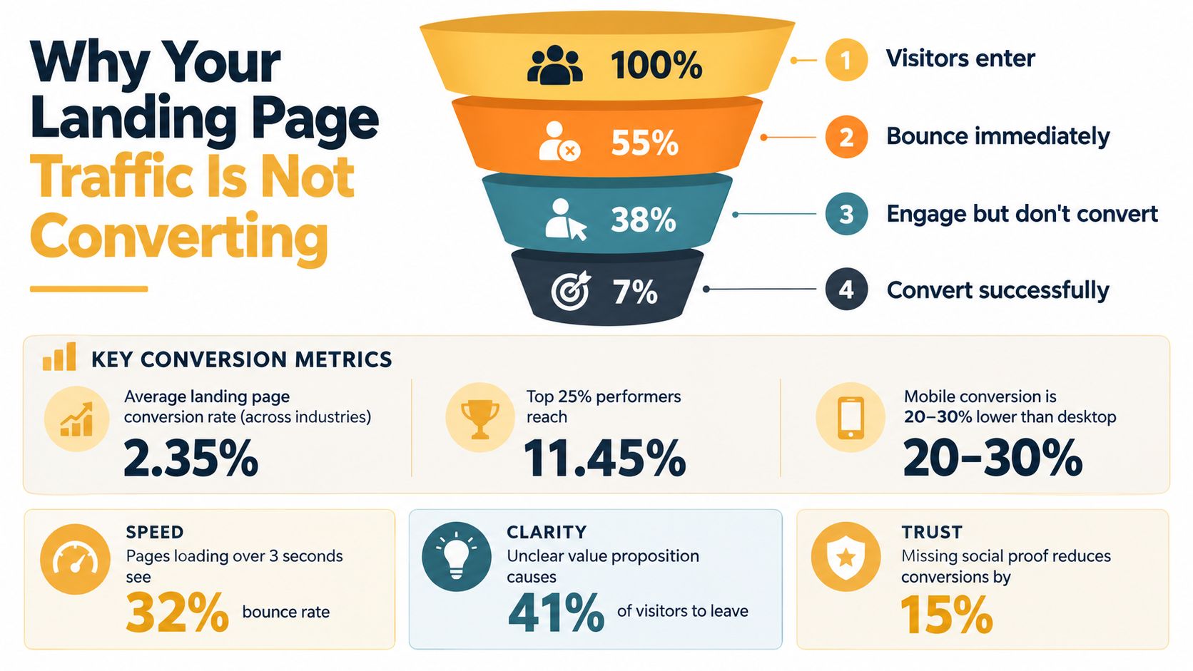 A marketing funnel infographic explaining common reasons for low landing page conversion rates and key metrics.