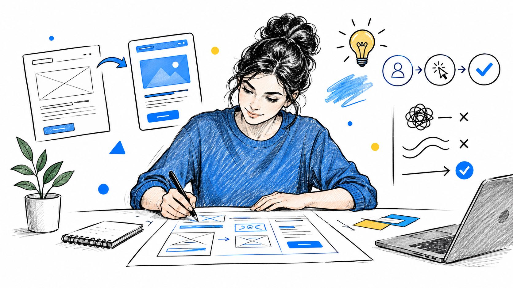 A designer working on landing page wireframes to improve conversion rate optimization through strategic layout planning.
