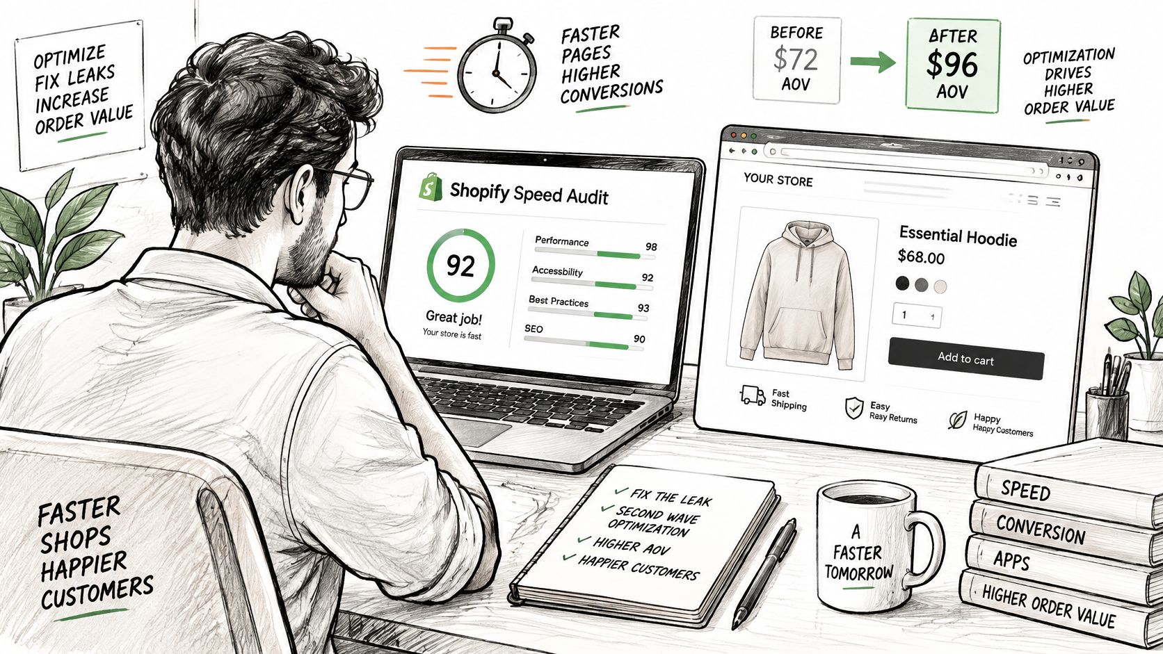 A professional analyzing a Shopify speed audit on a laptop to improve store performance and conversion rates.