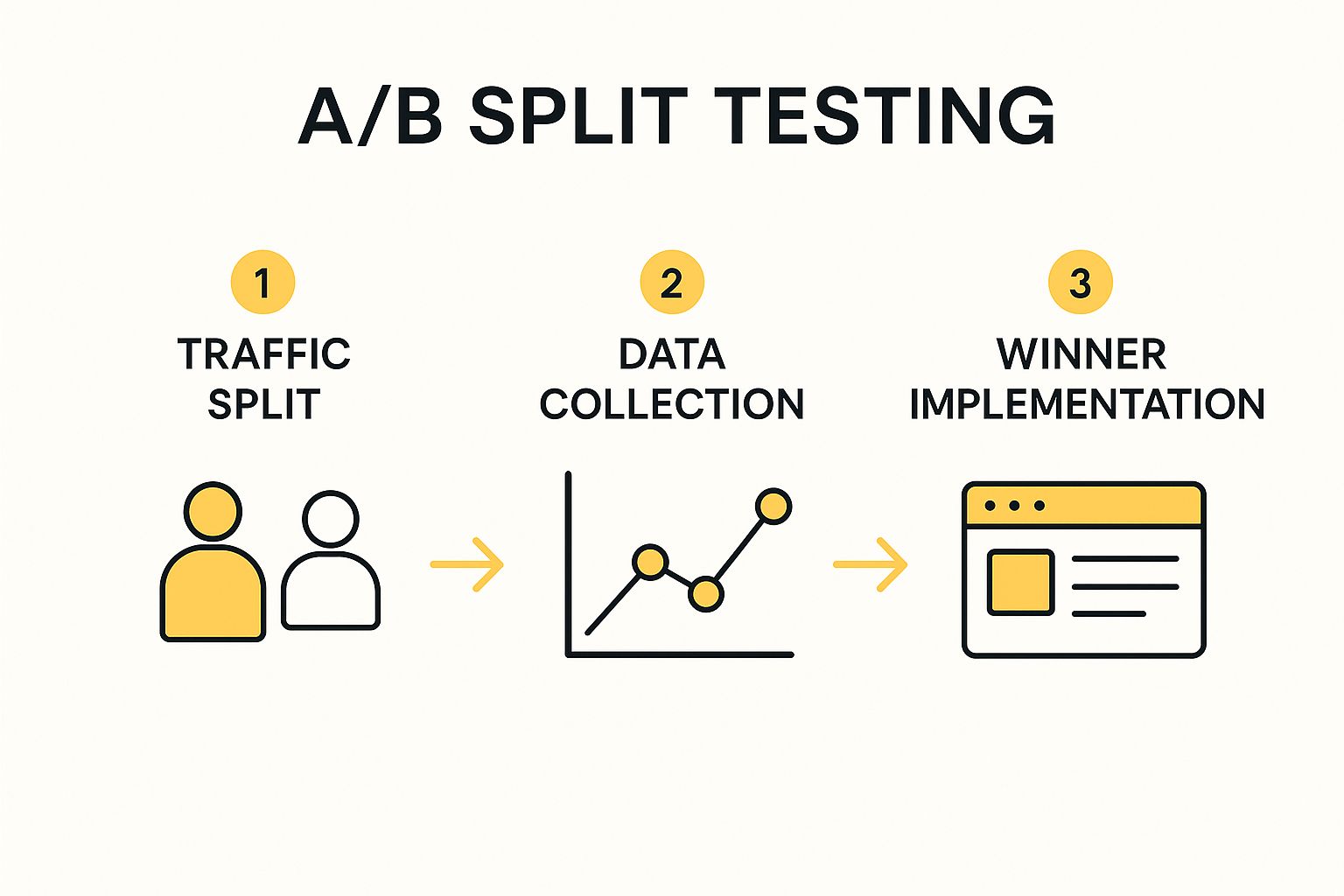 Infographic showing the three core steps of an A/B split test: Traffic Split, Data Collection, and Winner Implementation.