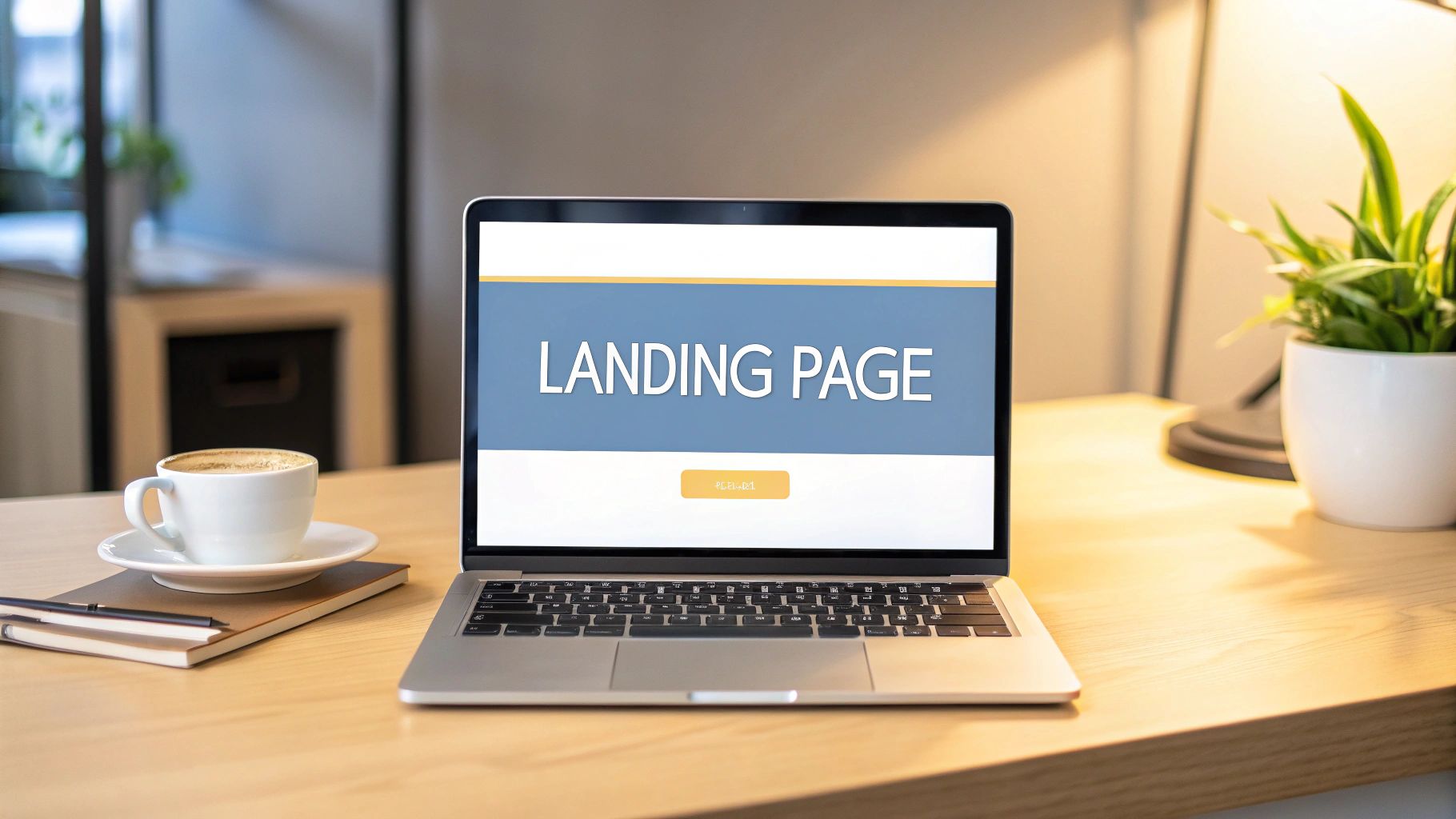A diagram showing the elements of a highly-optimized landing page, including a clear headline, compelling hero shot, social proof, a single call-to-action, and a concise form.