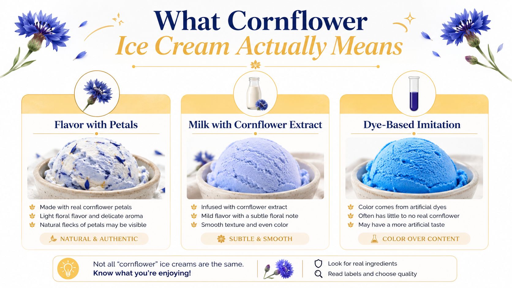 An infographic showing the three types of cornflower ice cream: petal-infused, extract-based, and artificial dye-based variations.