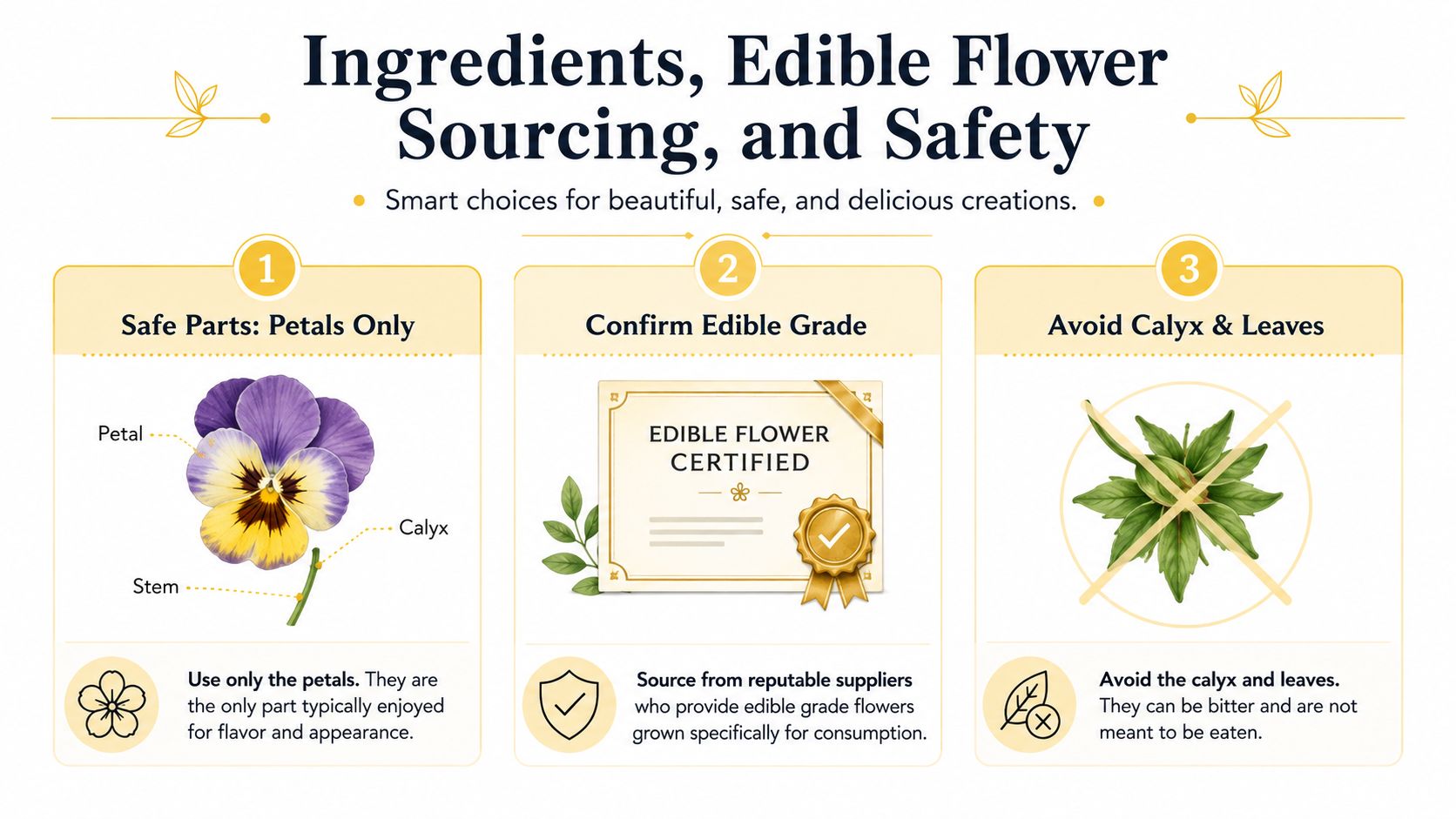 An educational infographic explaining the safe sourcing and preparation of edible flowers for food decoration and consumption.