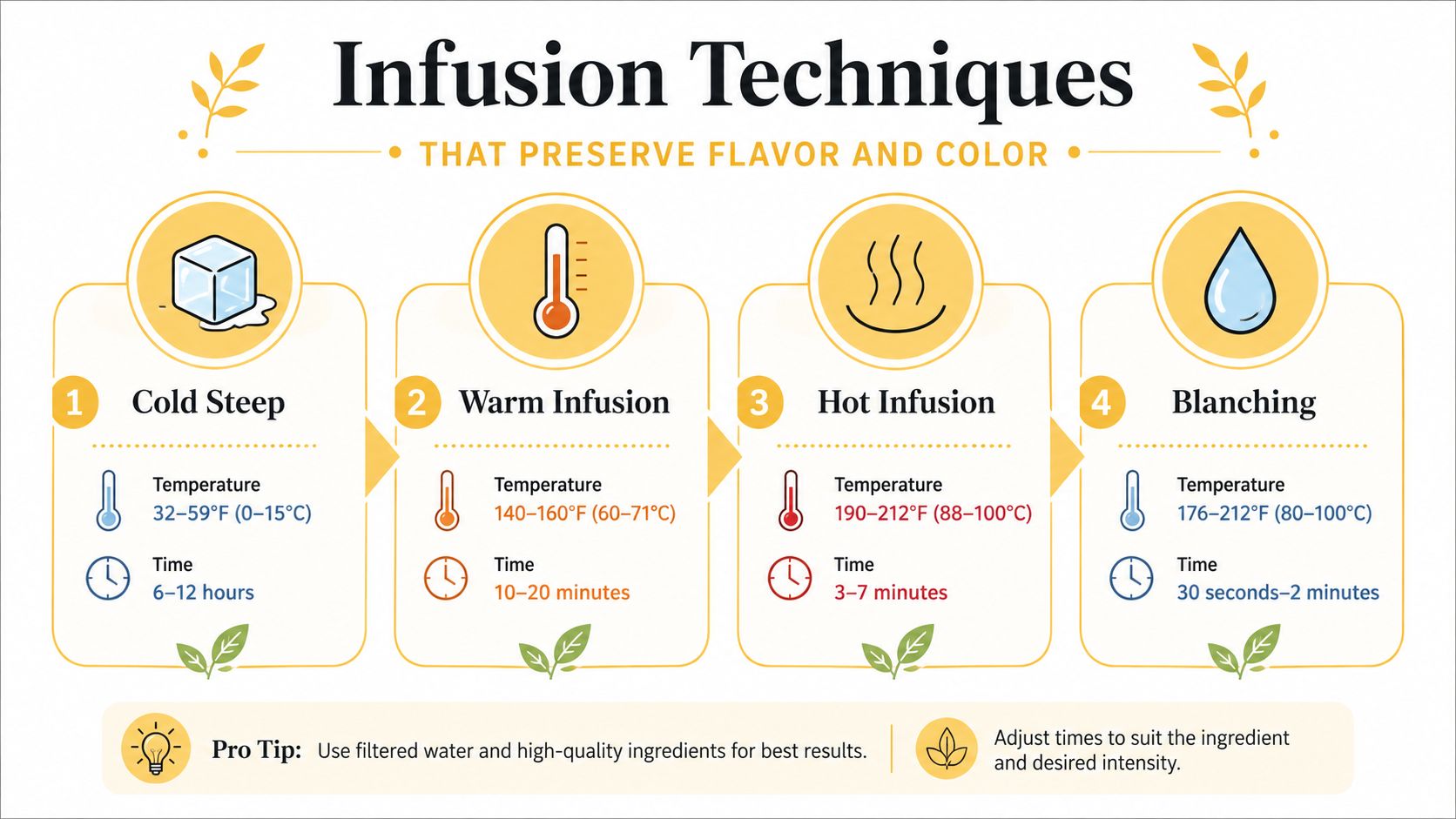A diagram illustrating four infusion techniques: cold steep, warm infusion, hot infusion, and blanching with temperature and time guidelines.