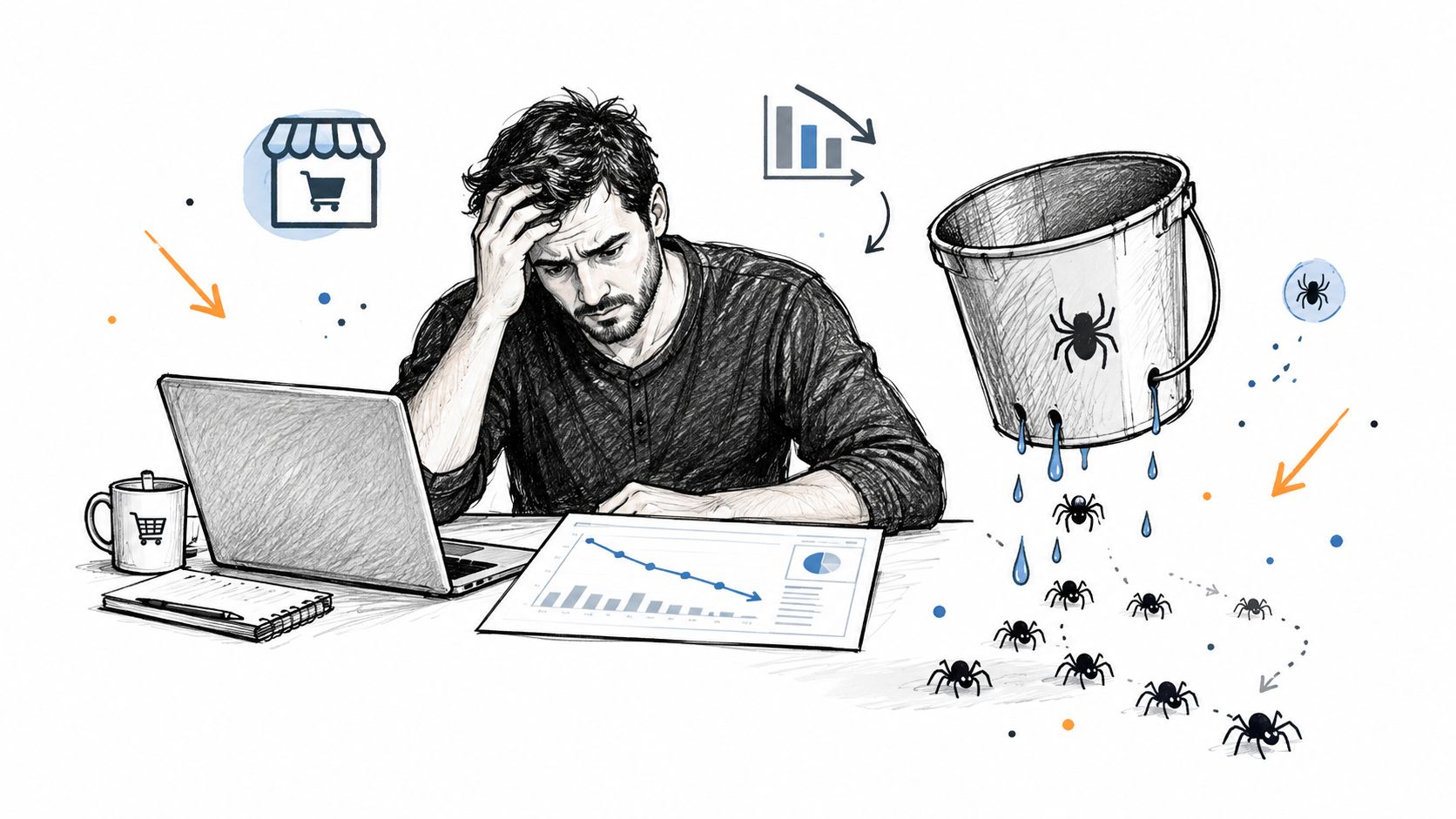 A stressed businessman looking at a declining chart on his laptop while spiders leak from a bucket.