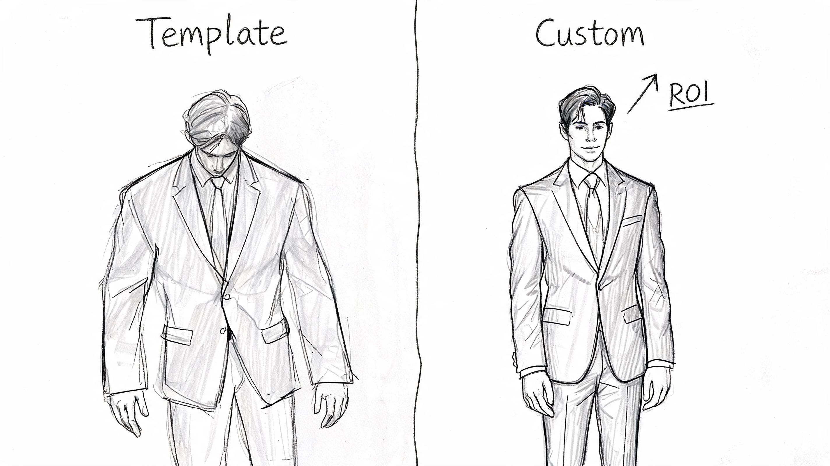 A split image comparison showing a template versus a custom tailored business suit design.