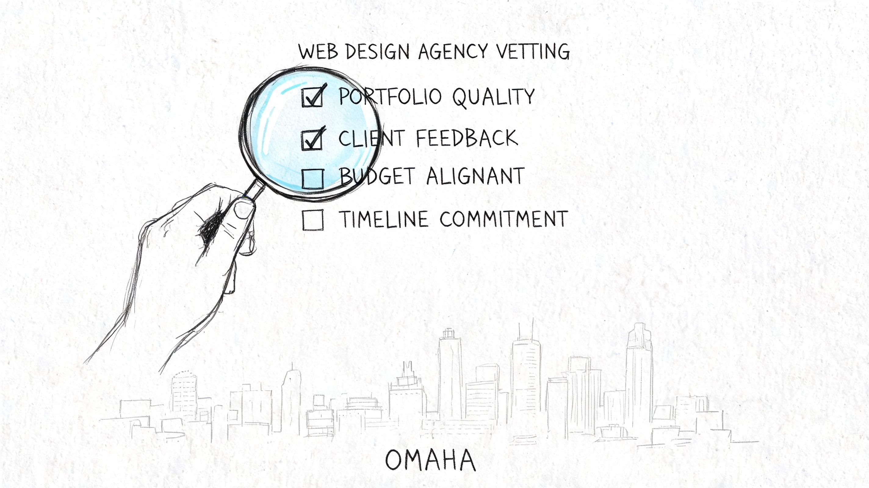 A hand holding a magnifying glass over a checklist for vetting a web design agency in Omaha.