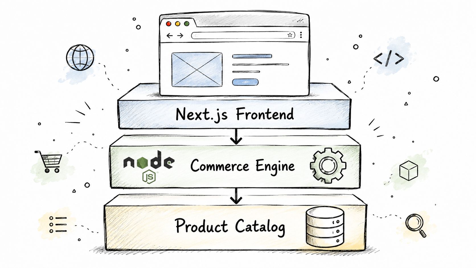 A diagram illustrating a tiered ecommerce architecture with Next.js frontend, Node.js commerce engine, and product catalog database.