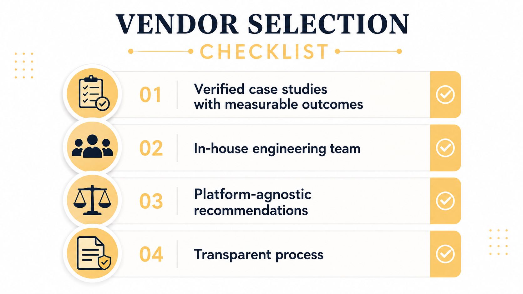 A vendor selection checklist infographic showing four key criteria for choosing a reliable software development vendor.