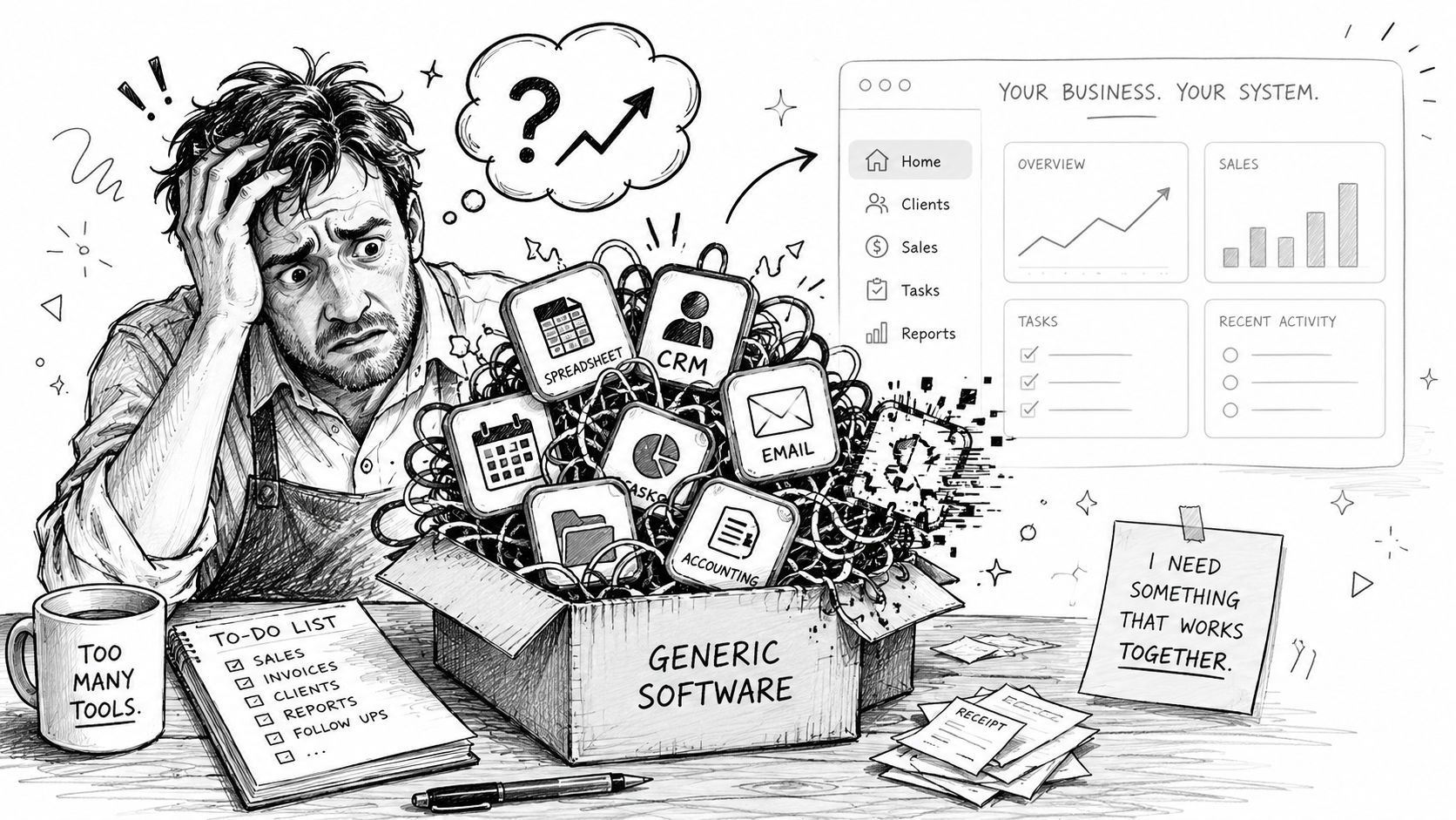 A frustrated business owner feeling overwhelmed by disconnected, complex software tools, seeking a unified system solution.