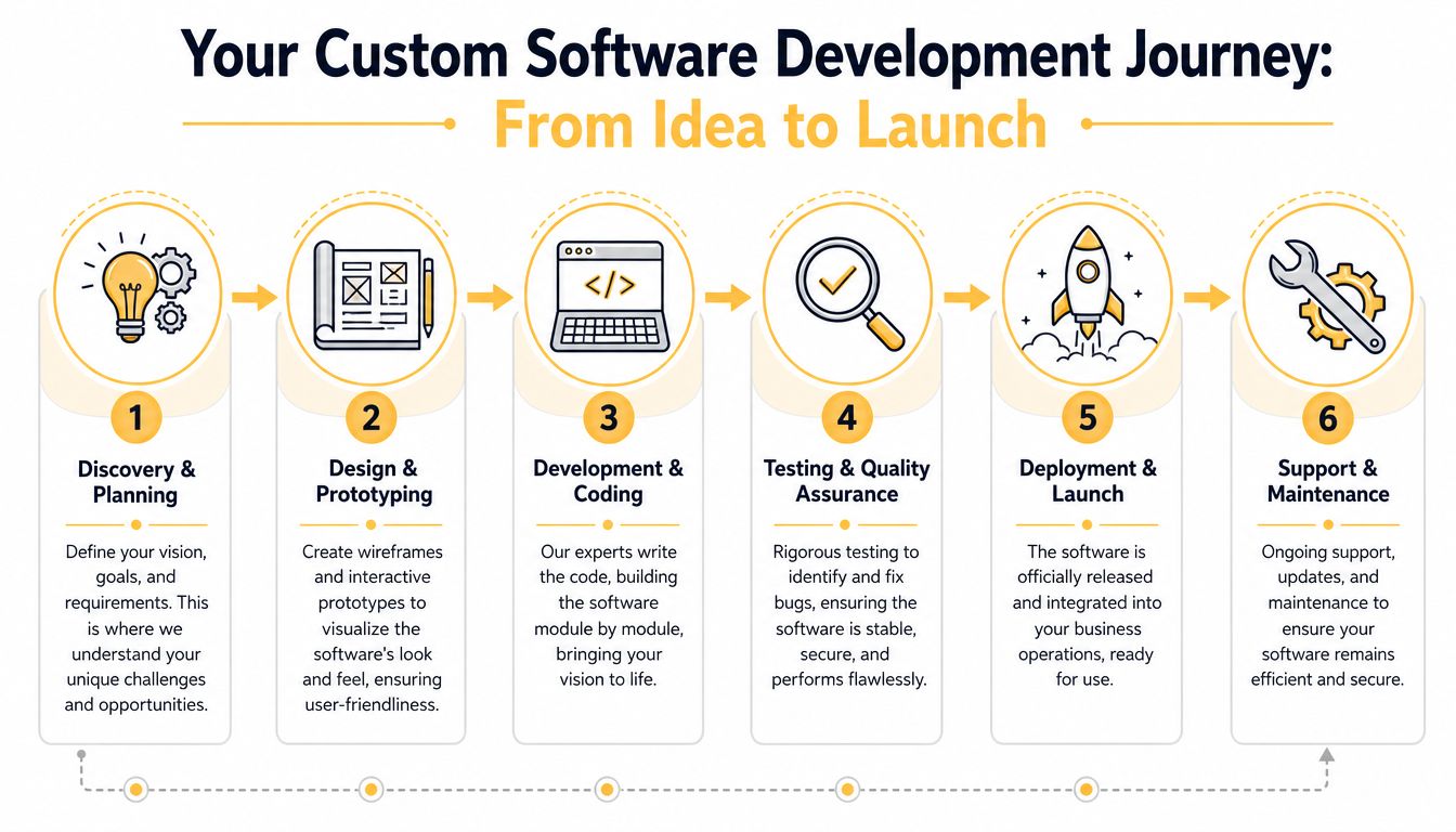 A six-step infographic illustrating the custom software development process from initial discovery to long-term support and maintenance.