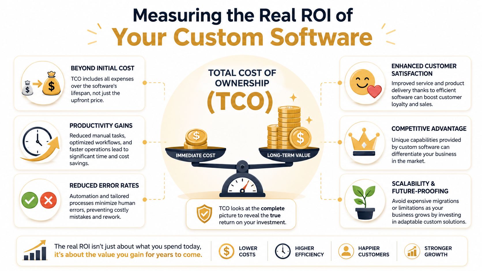 An infographic titled Measuring the Real ROI of Your Custom Software comparing immediate costs with long-term value.