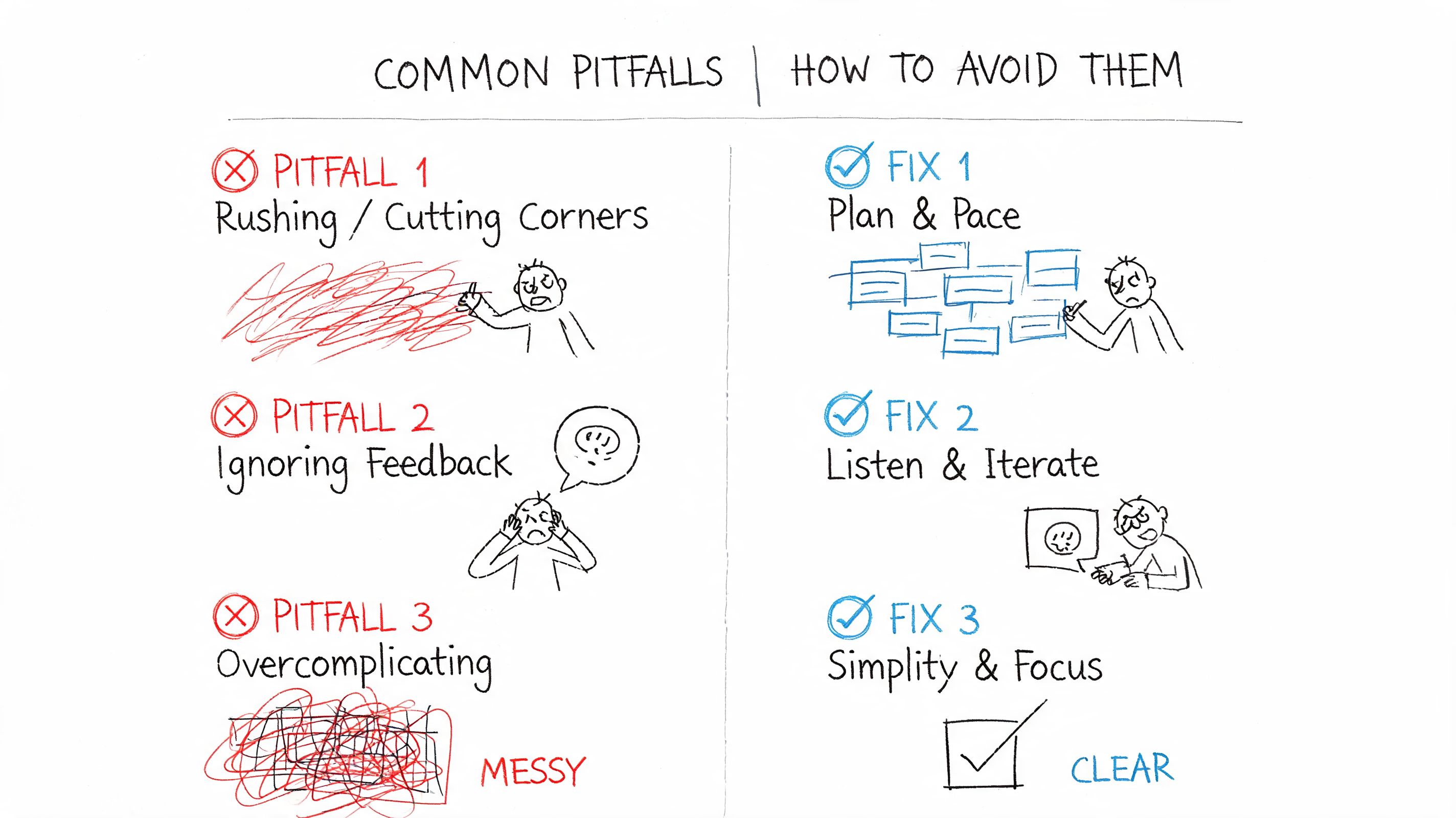 A hand-drawn illustration comparing common project management pitfalls and their corresponding professional fixes in a side-by-side format.