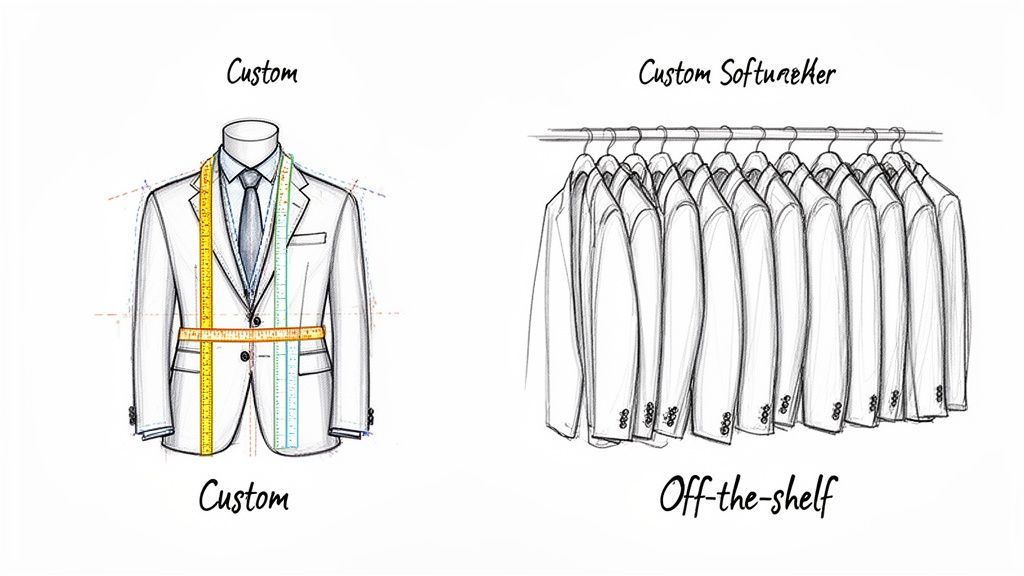 Illustration comparing custom software development (tailored suit) with off-the-shelf software solutions (rack of suits).