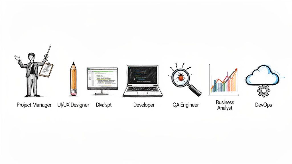 Illustrations depicting key roles in the custom software development process: Project Manager, UI/UX Designer, Developer, QA Engineer, Business Analyst, and DevOps.