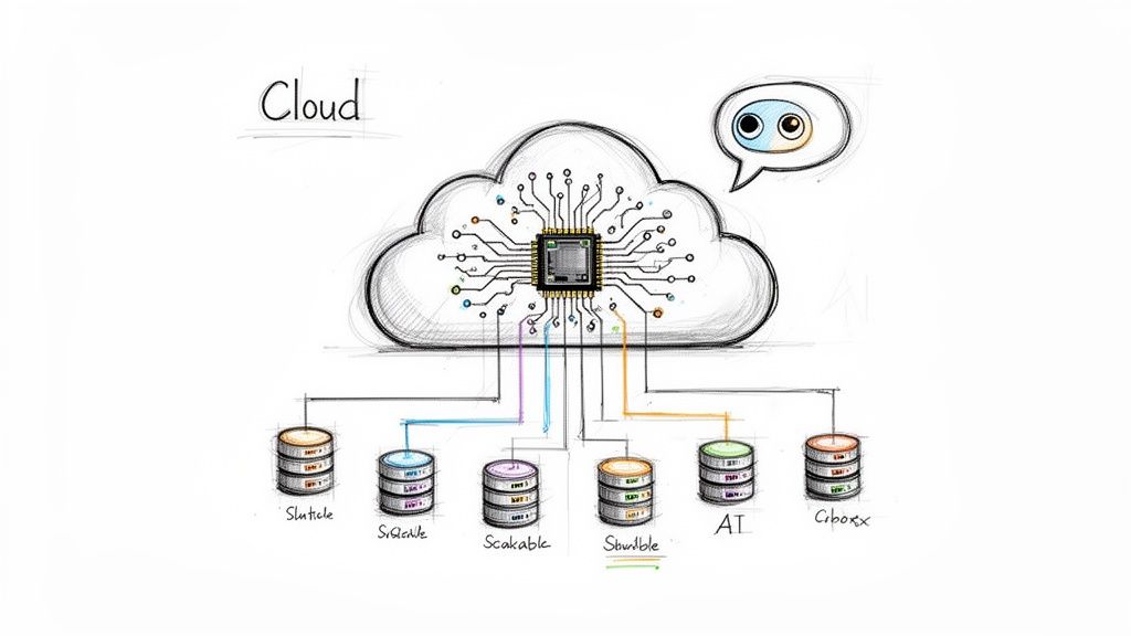 A detailed sketch illustrating cloud computing infrastructure with a central processor connected to various databases and AI.