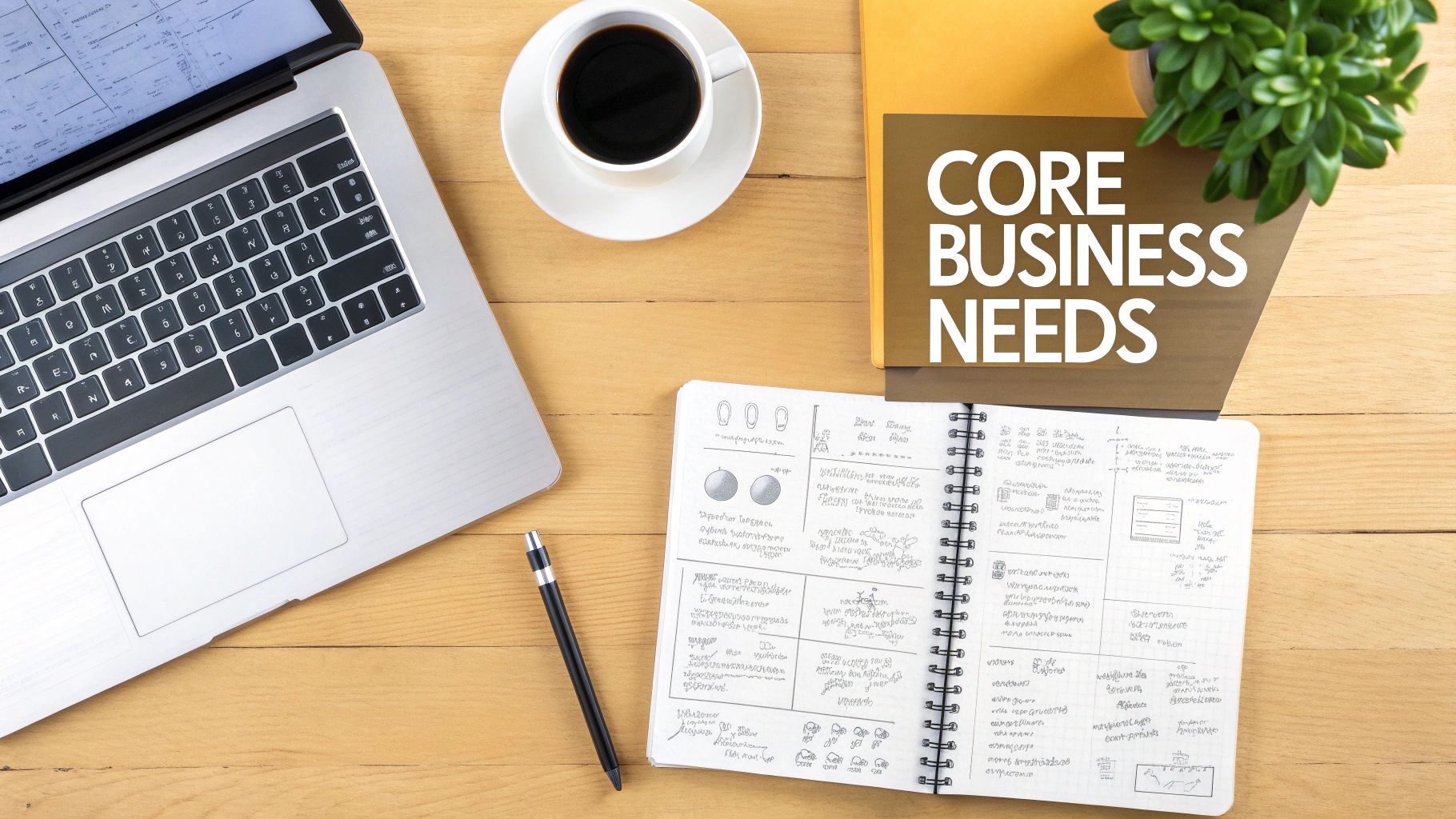 A team collaborating around a table with laptops and documents, planning a software strategy.