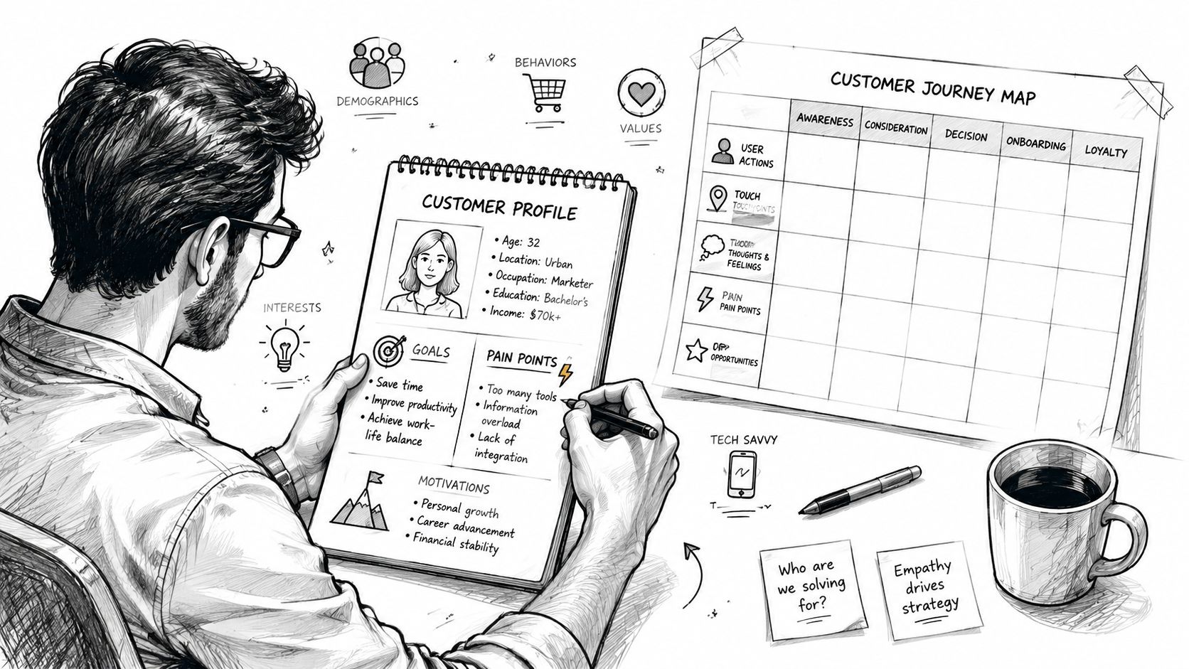 A professional sketching a customer profile and journey map on a desk with a coffee cup.