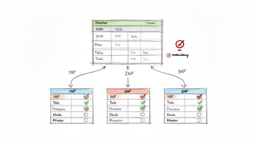 Database normalization diagram showing a complex table decomposed into 1NF, 2NF, and 3NF to eliminate redundancy.