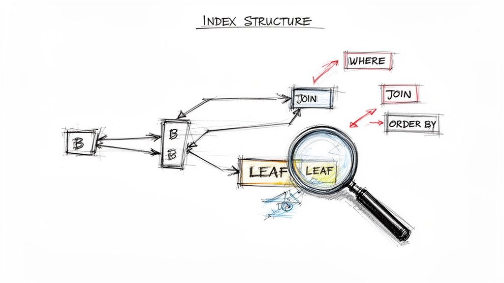 Hand-drawn diagram of a database index structure, showing B-nodes, leaf nodes, and SQL clause interactions.