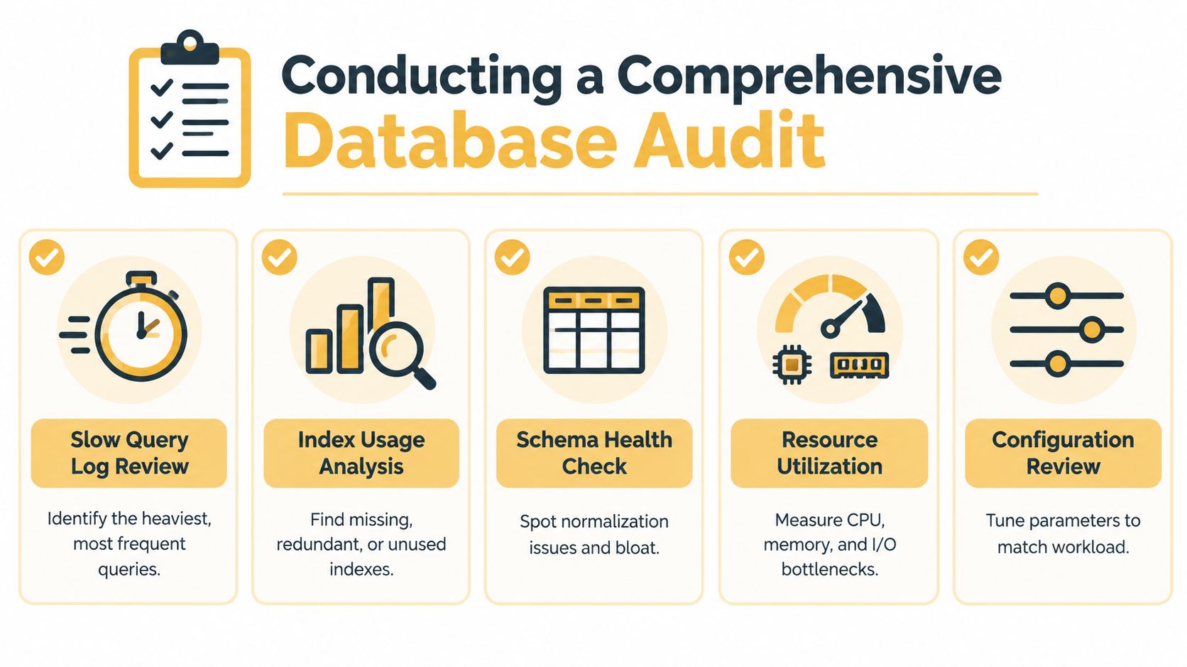 An infographic detailing a comprehensive database audit process including query, index, schema, resource, and configuration reviews.