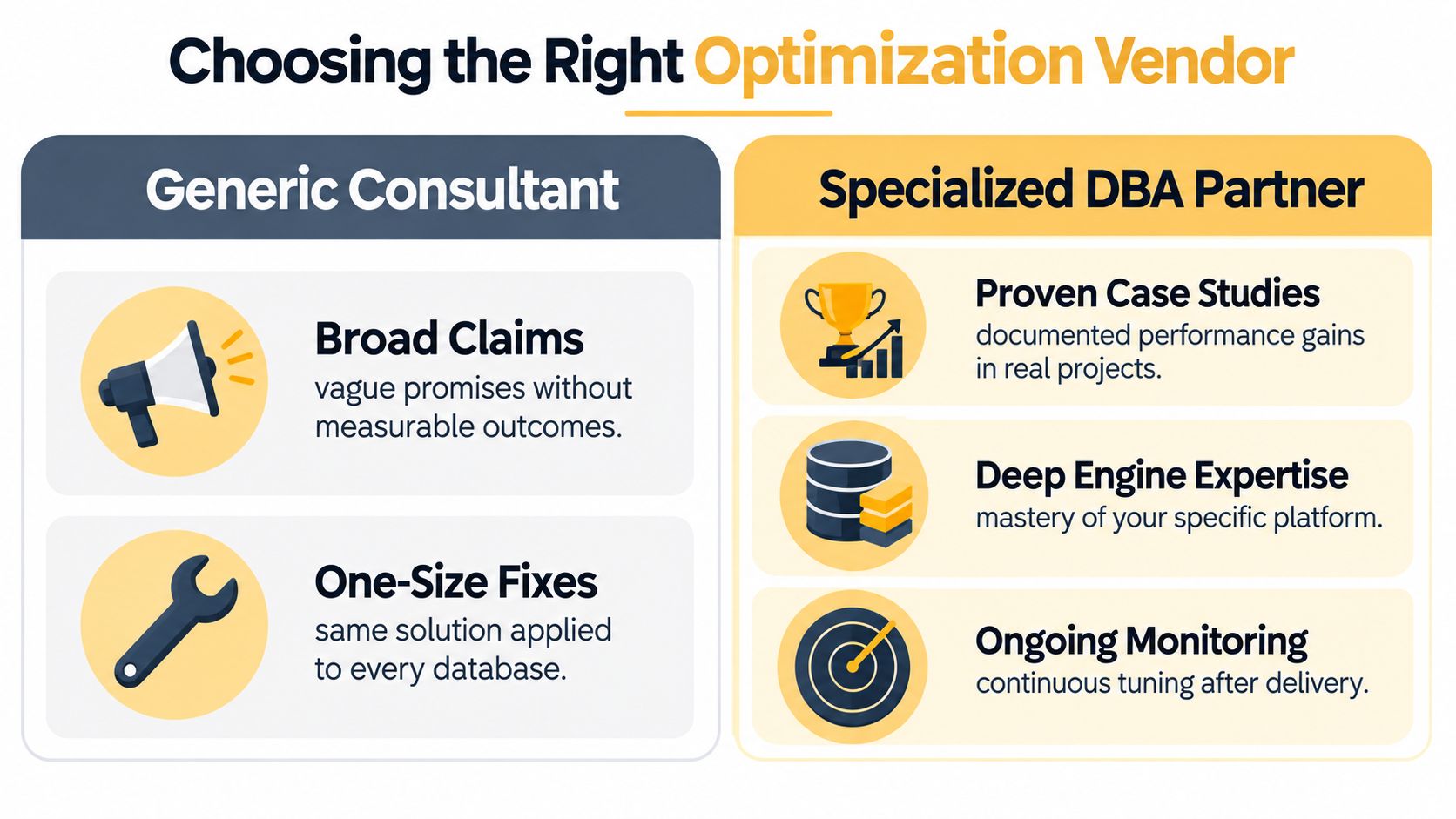 A comparison chart showing differences between a generic consultant and a specialized database optimization partner.