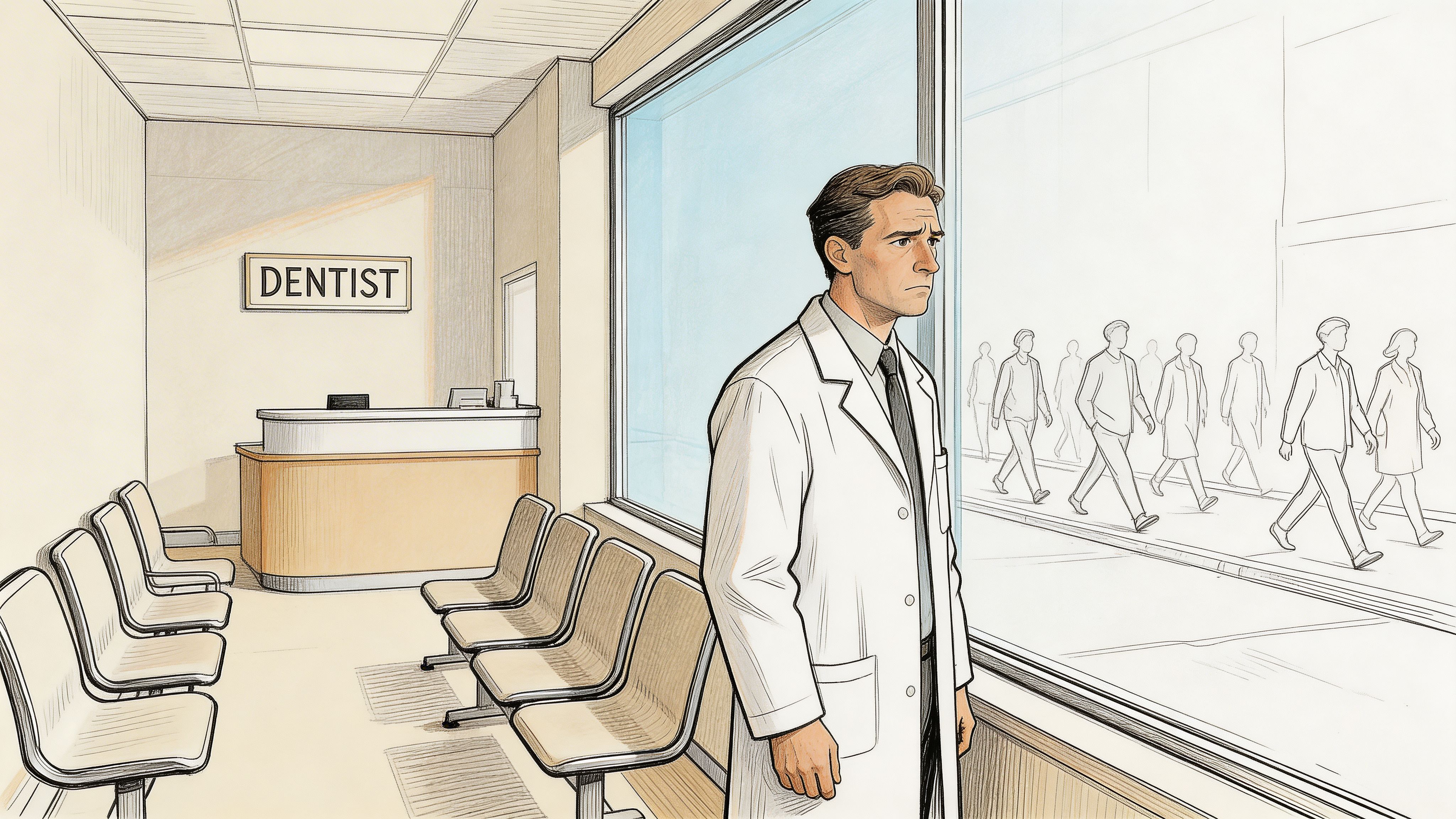 A pensive dentist in a white coat looking out a window at pedestrians passing by his office.