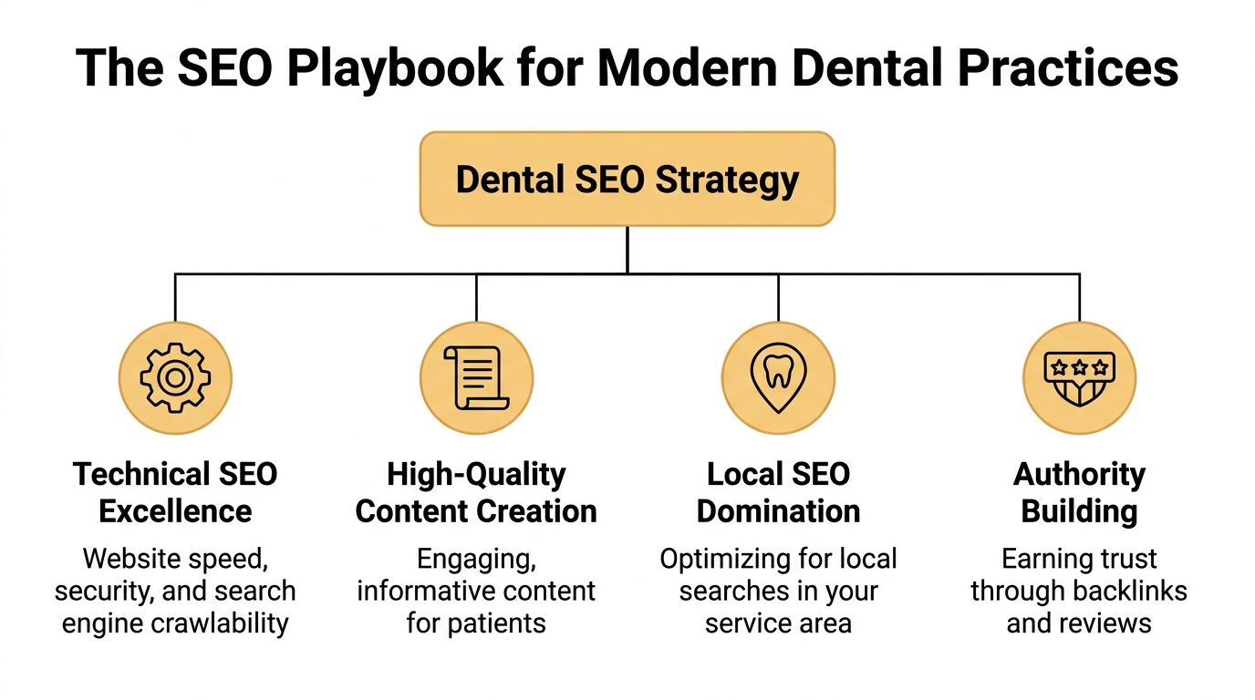 An infographic titled The SEO Playbook for Modern Dental Practices outlining a four-part dental SEO strategy.