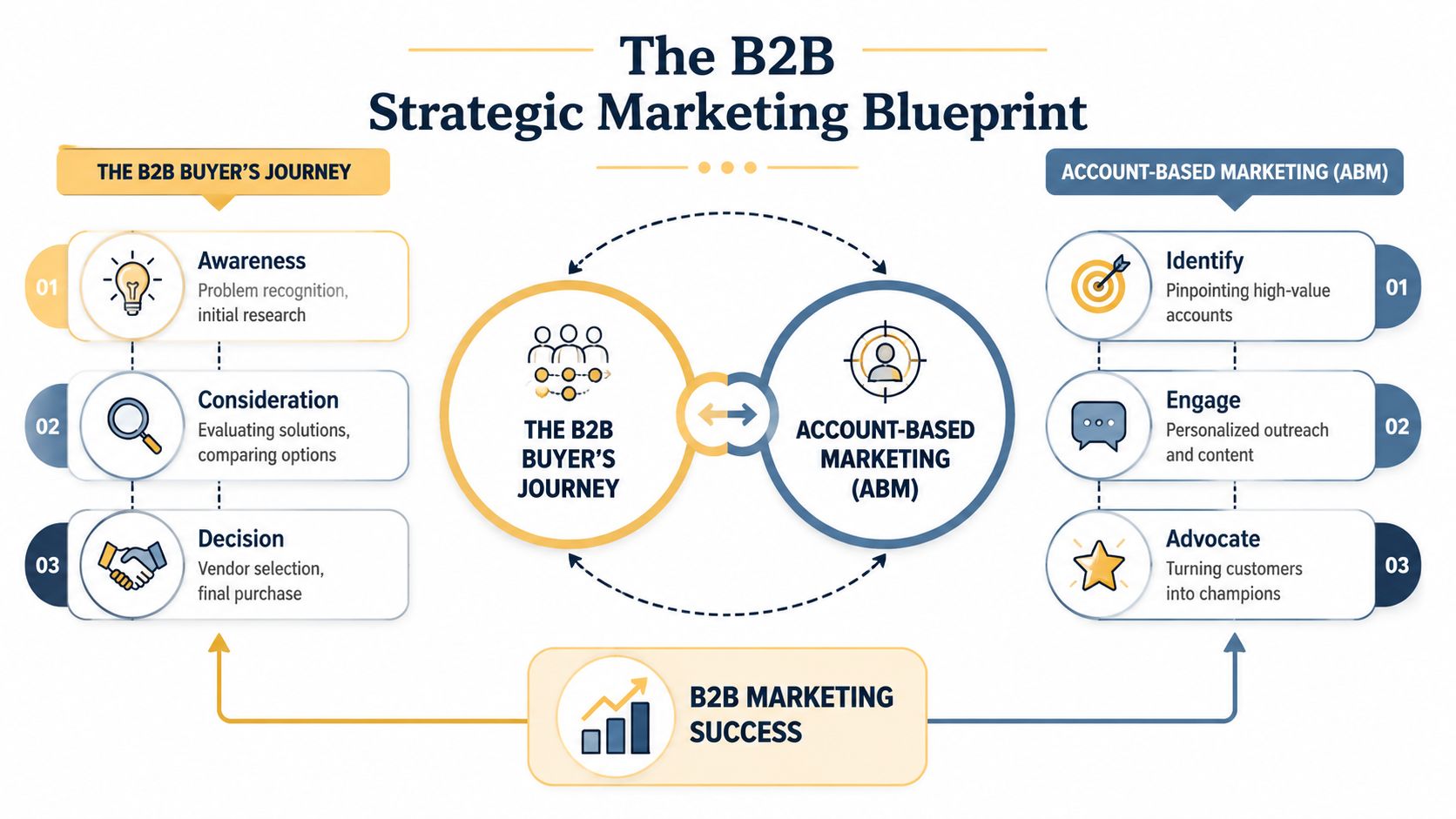 A strategic blueprint diagram illustrating the intersection between the B2B buyer's journey and account-based marketing.