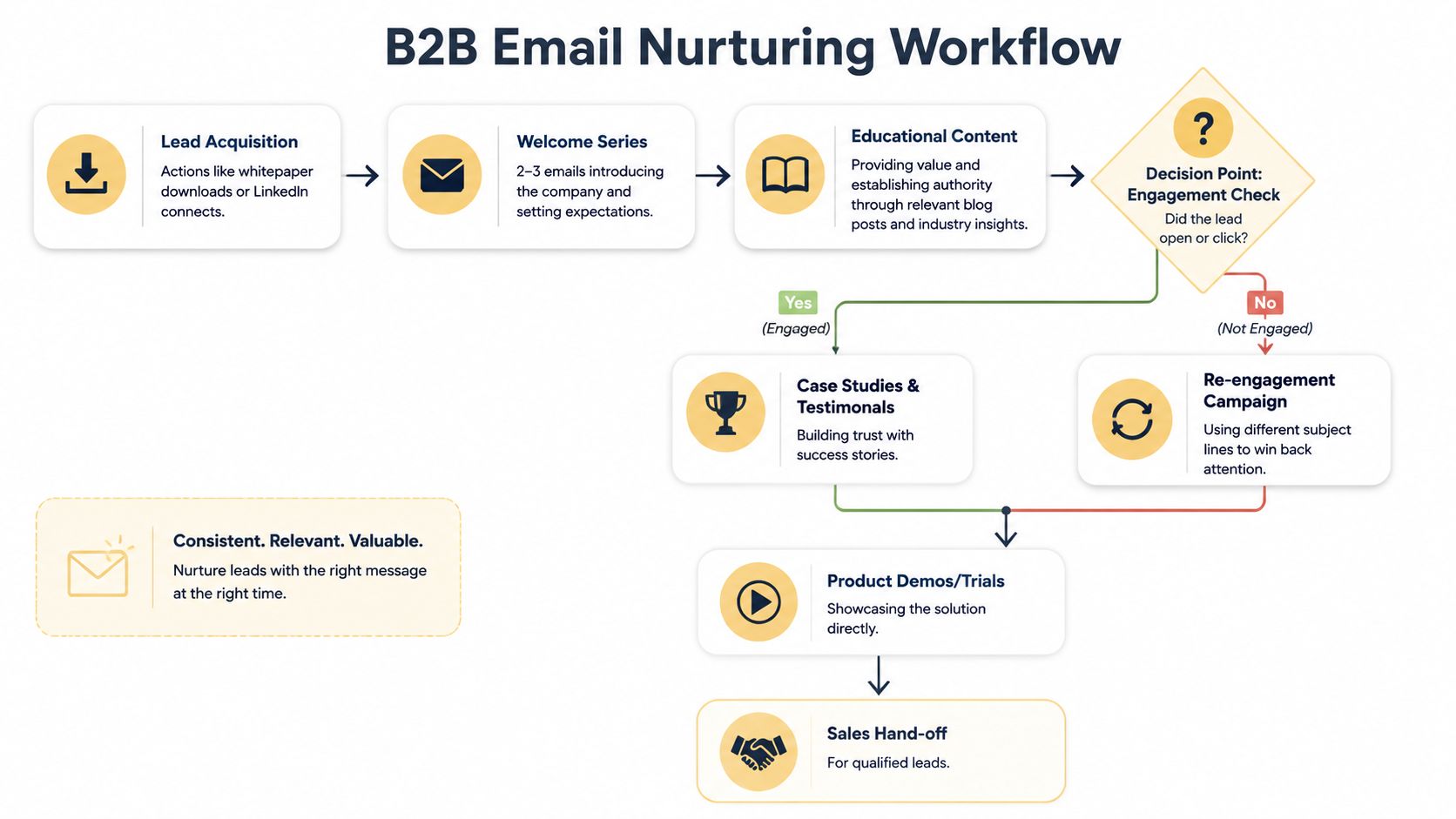 A flowchart diagram illustrating a B2B email nurturing workflow from lead acquisition to sales hand-off.