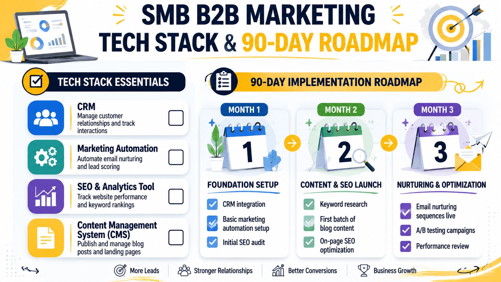 A visual roadmap for SMB B2B marketing, featuring essential tech stack tools and a three-month implementation plan.