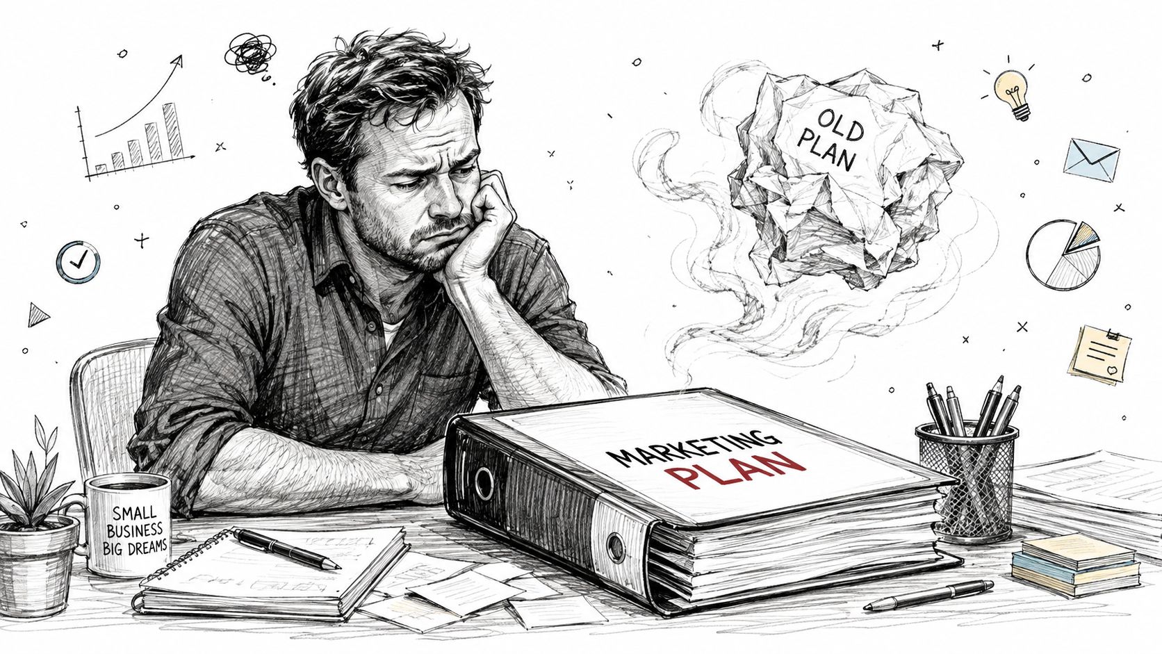 A frustrated businessman sitting at his desk looking at a large Marketing Plan binder with an old plan.