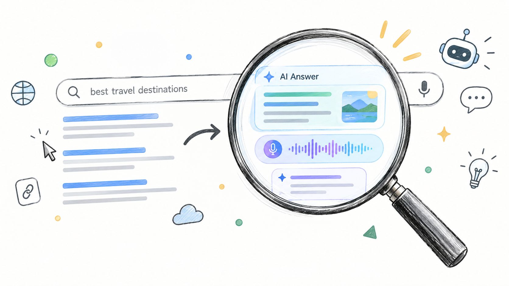 A magnifying glass focusing on an AI-generated search result interface within a digital web search environment.