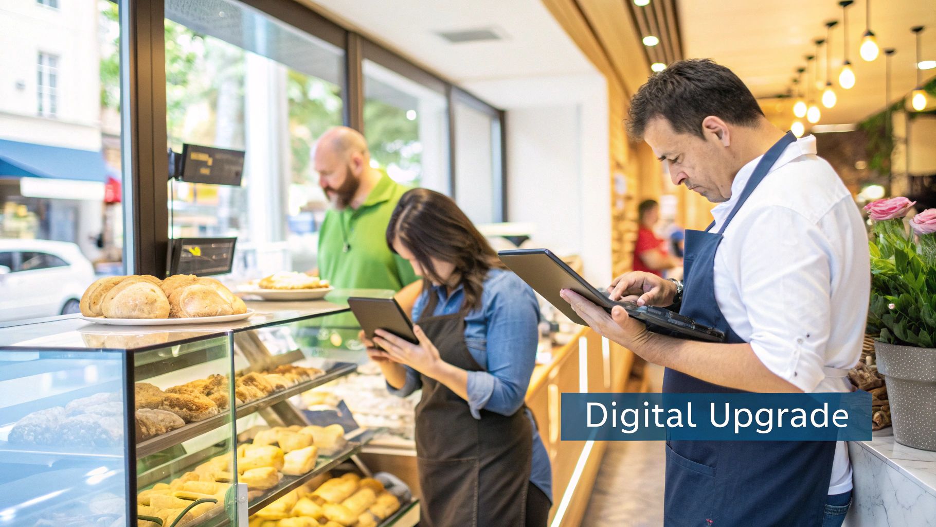 A small business owner using a tablet to manage their operations, with digital icons floating around.