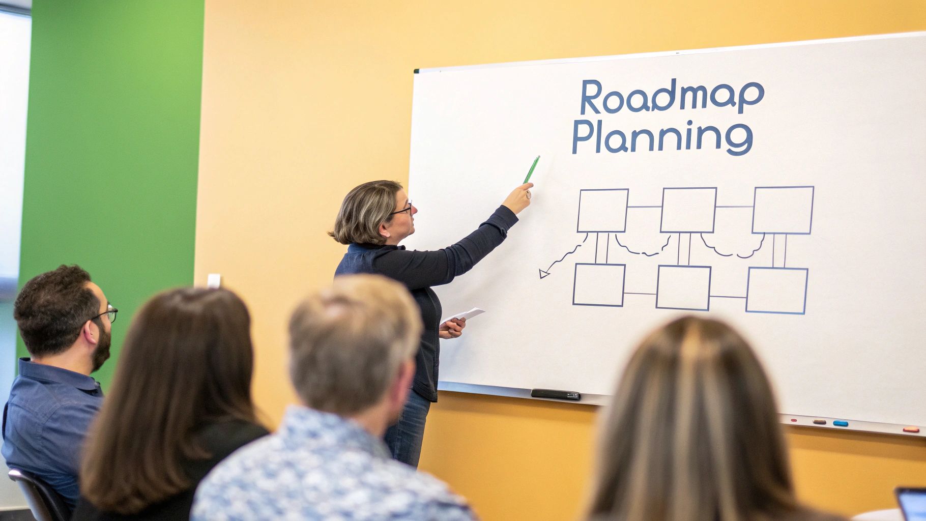 A person at a desk drawing a flowchart on a whiteboard, symbolizing a strategic roadmap.