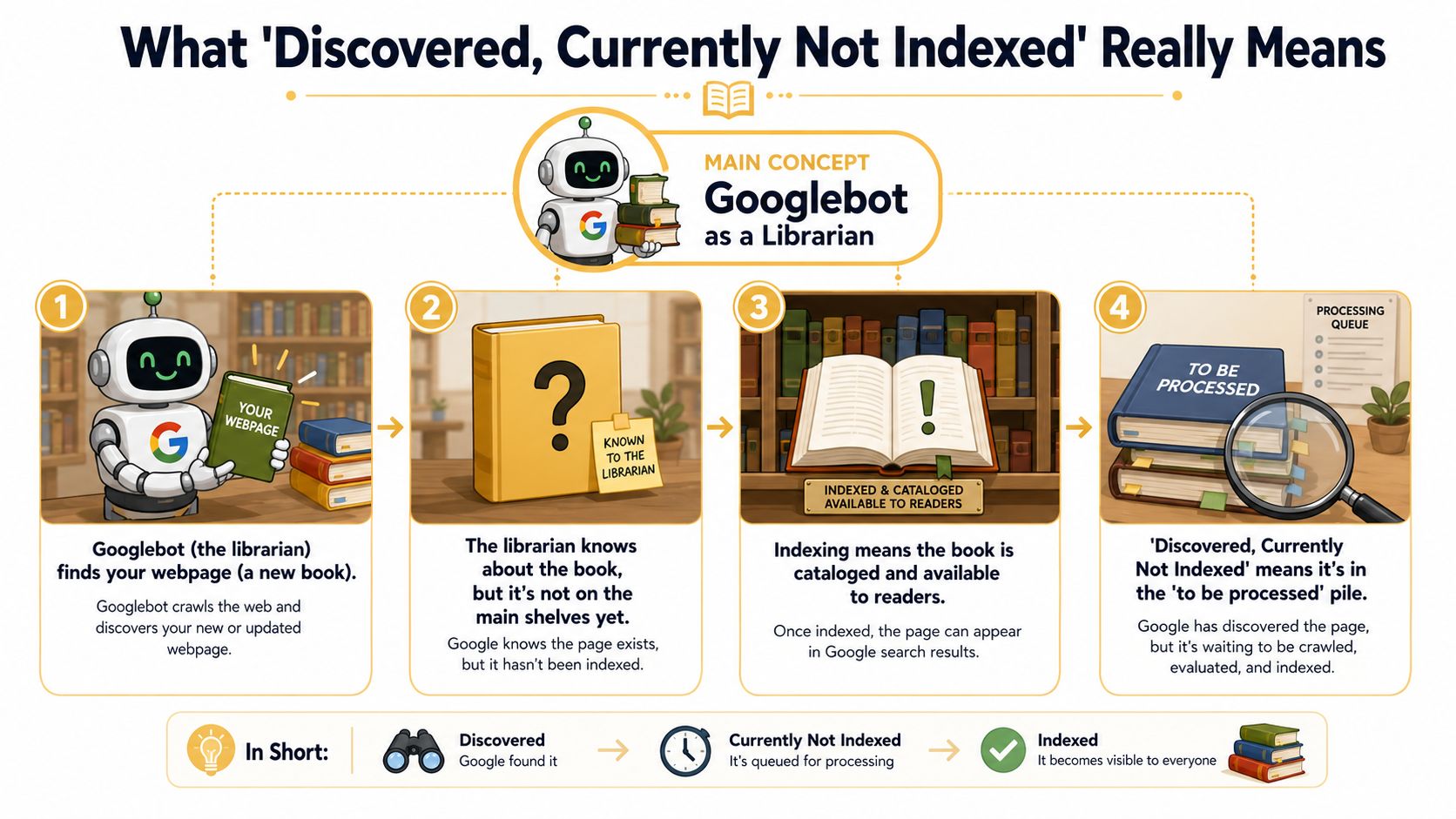 An infographic explaining Google's 'Discovered, Currently Not Indexed' status using a librarian and book cataloging analogy.