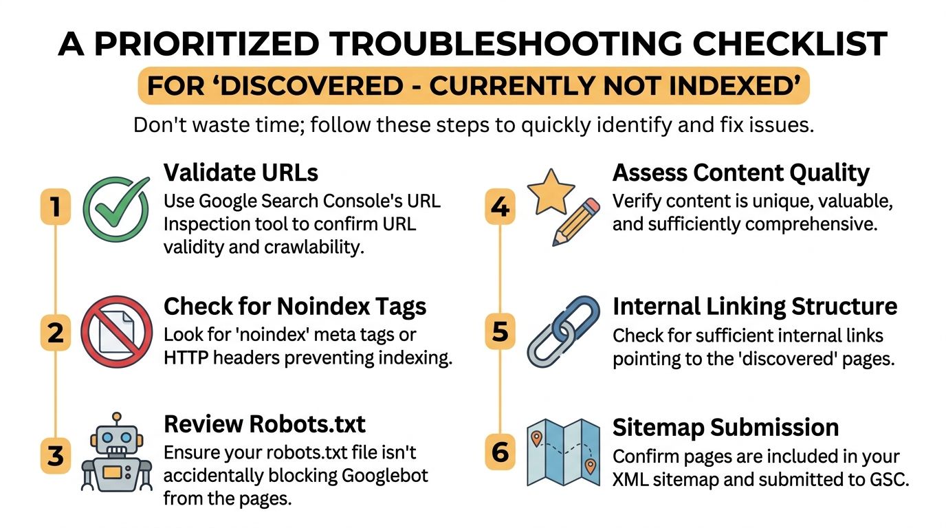 A six-step checklist infographic for troubleshooting website URLs that are discovered but currently not indexed by Google.