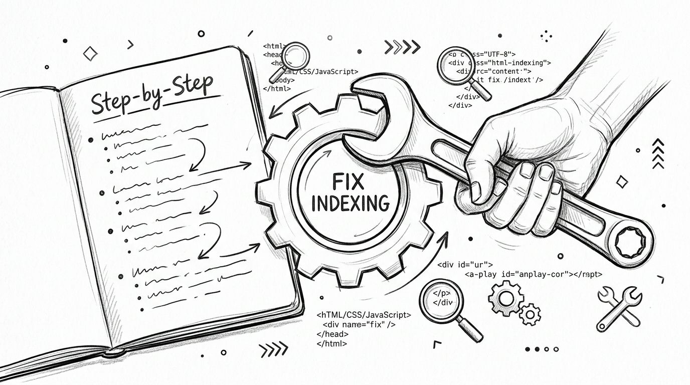 A line art illustration showing a notebook with steps and a hand using a wrench to fix indexing.