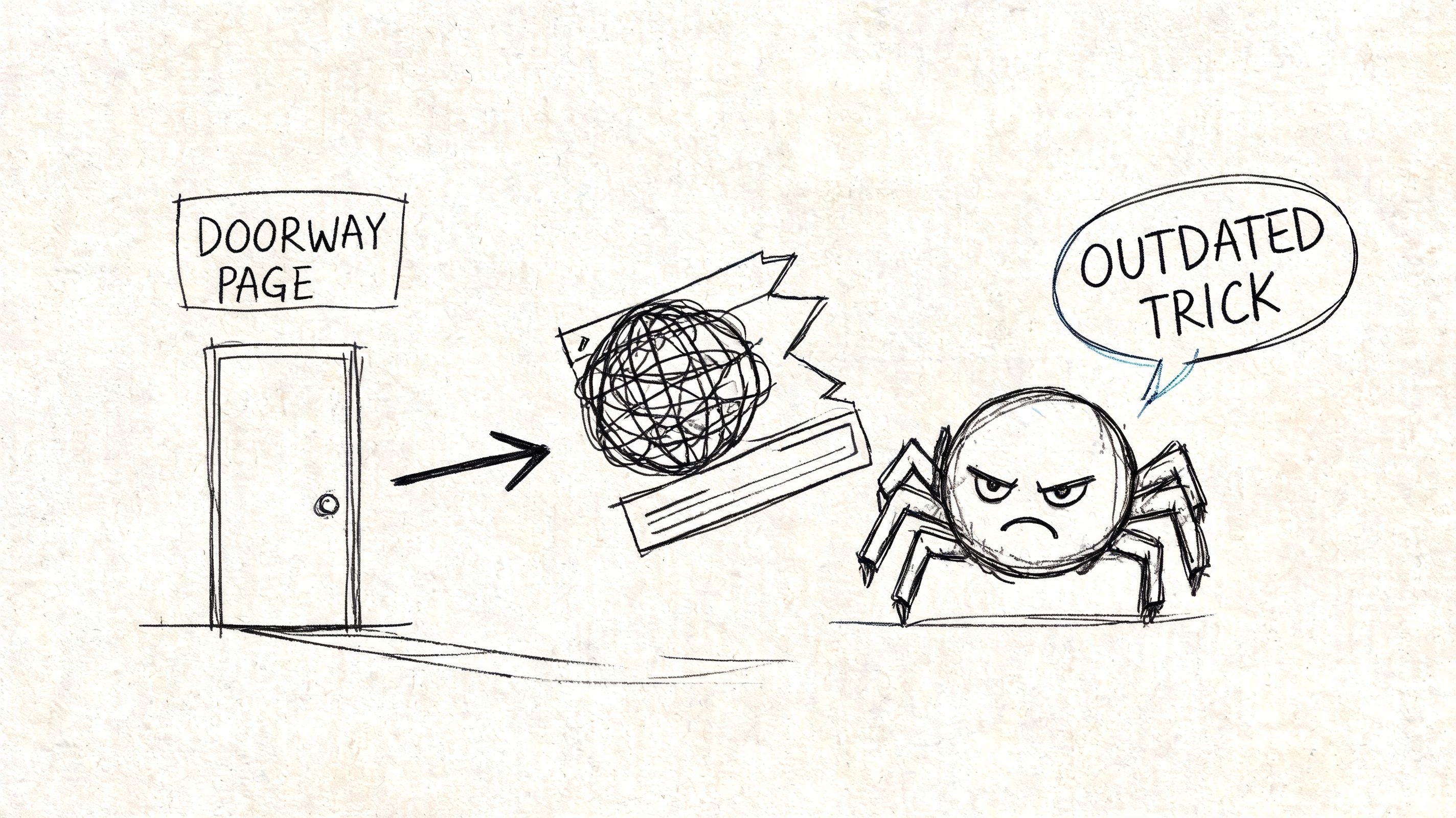 A hand-drawn illustration showing a spider character rejecting a doorway page as an outdated SEO trick.