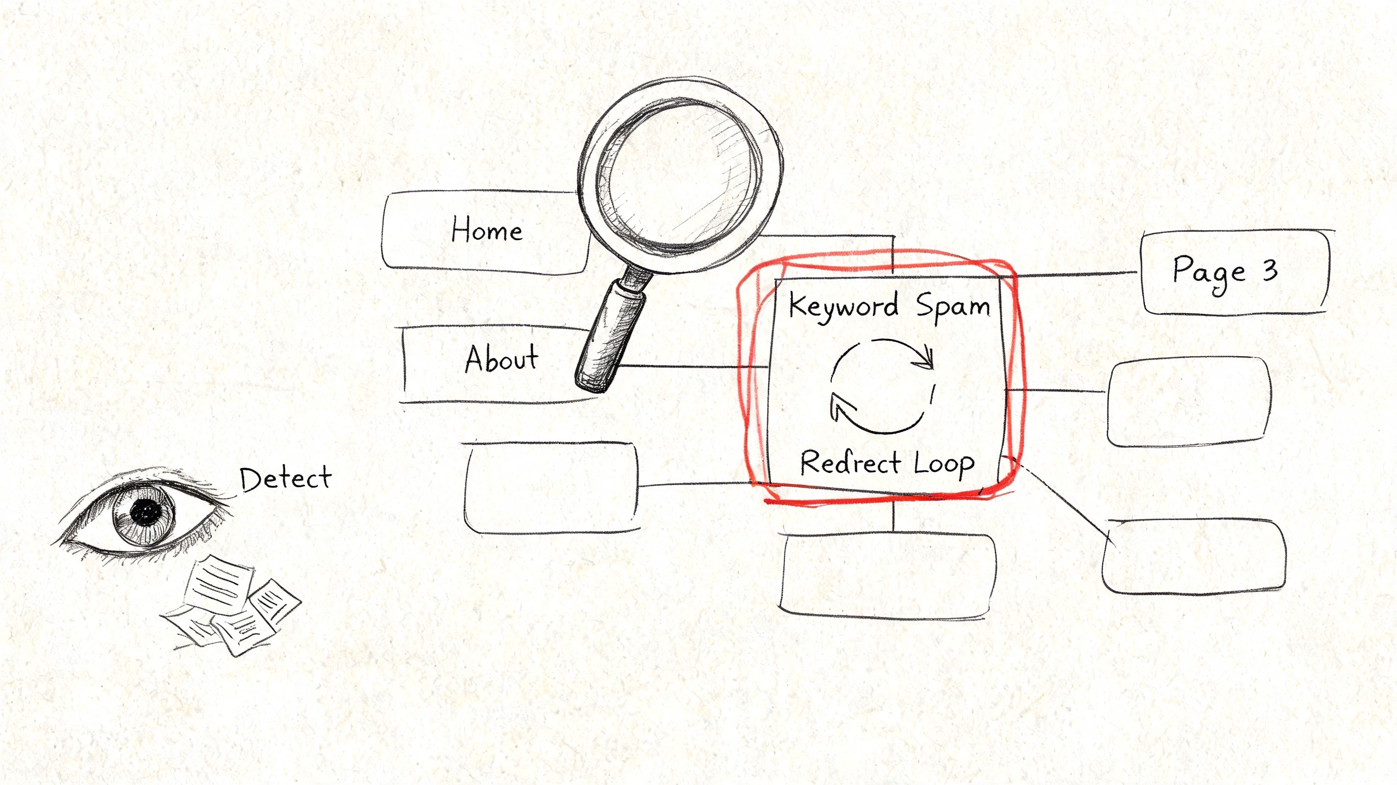 A hand-drawn illustration showing a magnifying glass examining a website map with keyword spam and a redirect loop.