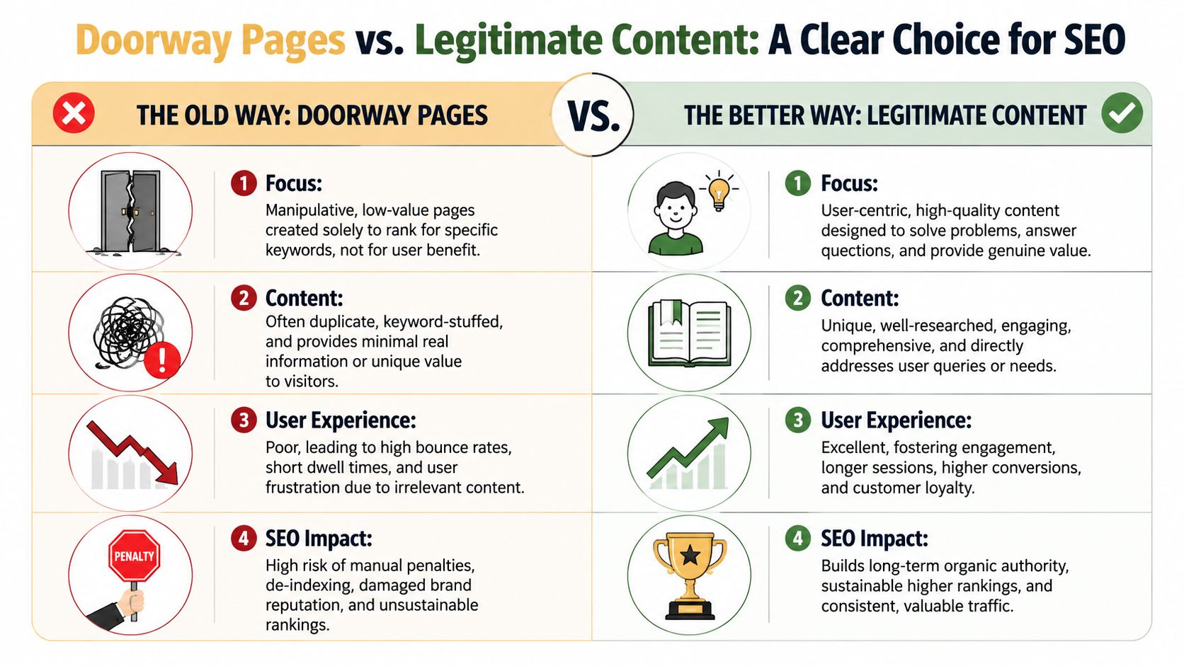 An infographic comparing doorway pages with manipulative tactics against legitimate, user-centric SEO content strategies.