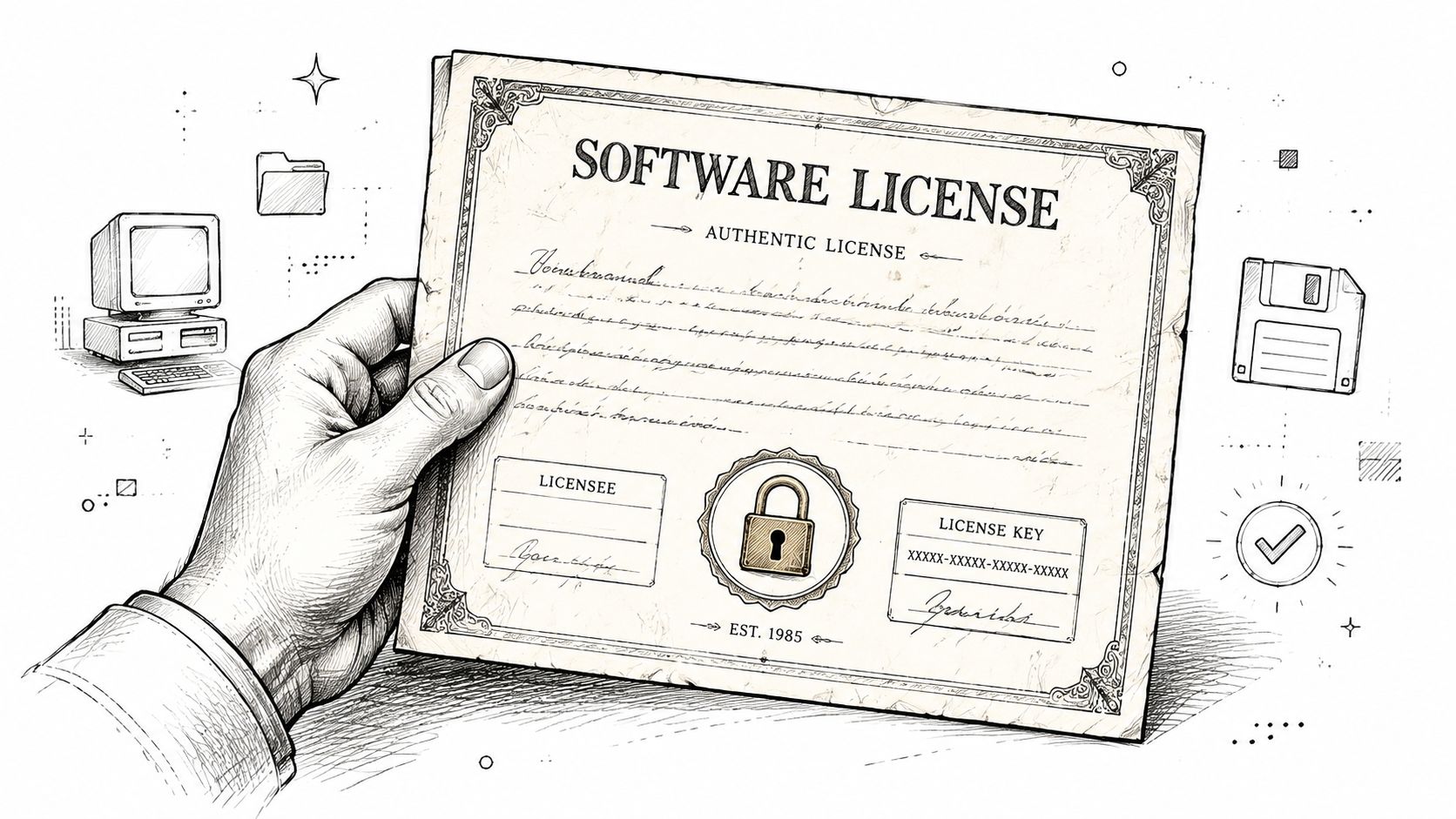 An illustration of a hand holding an authentic software license certificate with a lock icon.