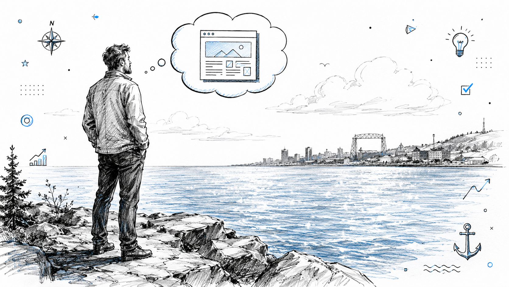 A man standing on rocky shore overlooking the Duluth Aerial Lift Bridge while imagining a website layout.